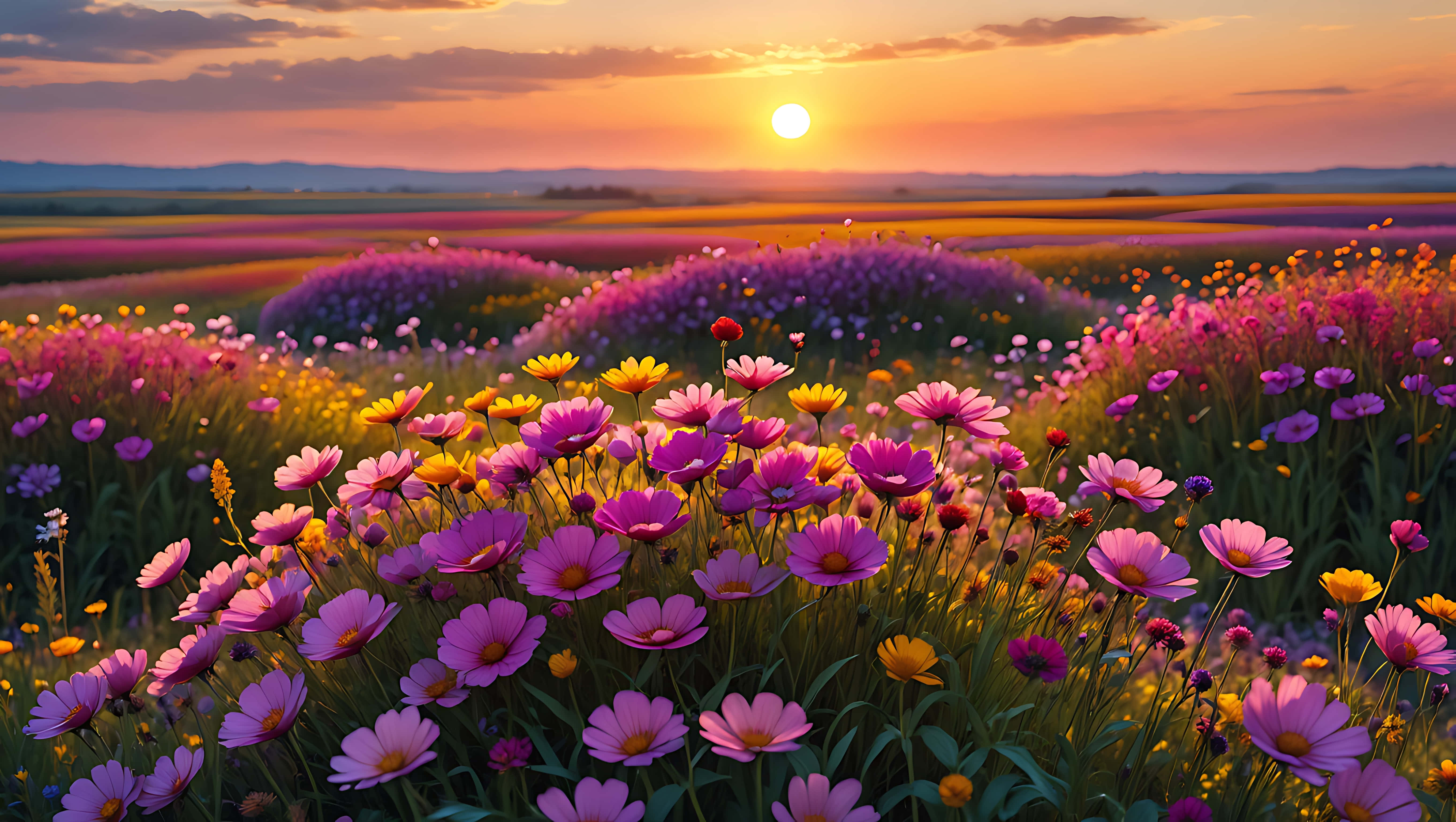 vibrant wildflower field, sunset, pink and yellow cosmos flowers, 5K Desktop Wallpaper