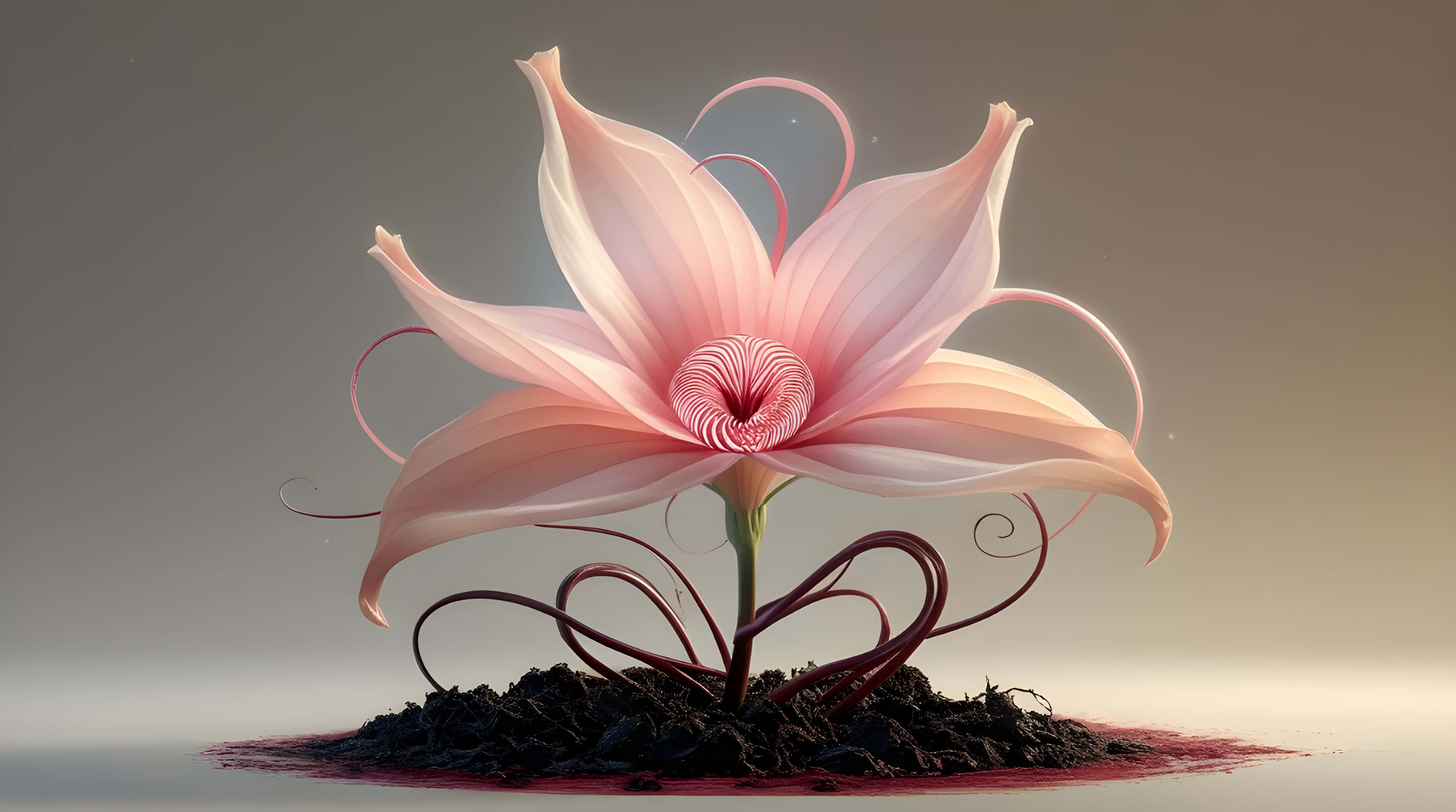 surreal pink flower, swirling petals, dark roots, 4K Desktop Wallpaper