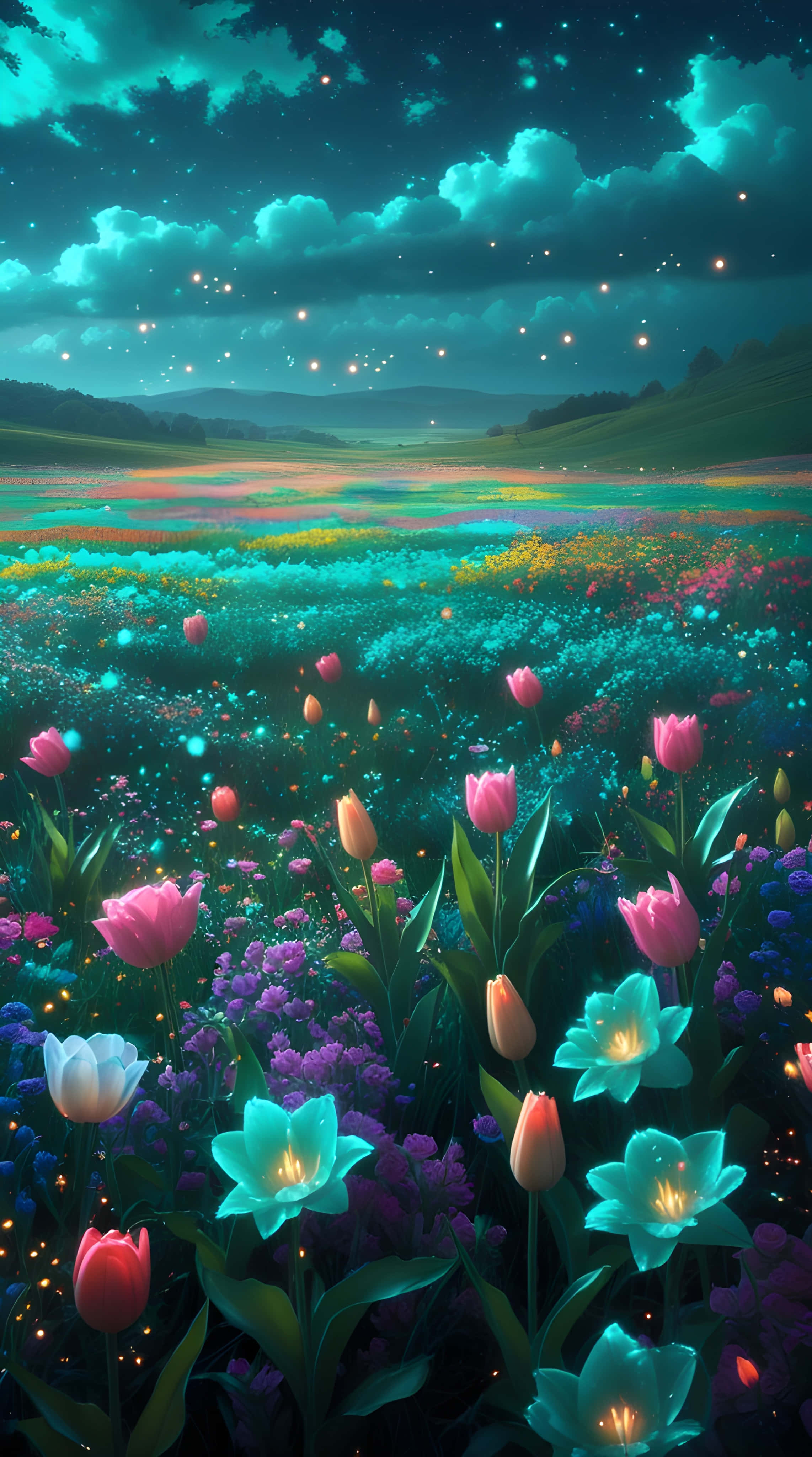 glowing tulips, starry teal sky, floating lights, 4K Phone Wallpaper