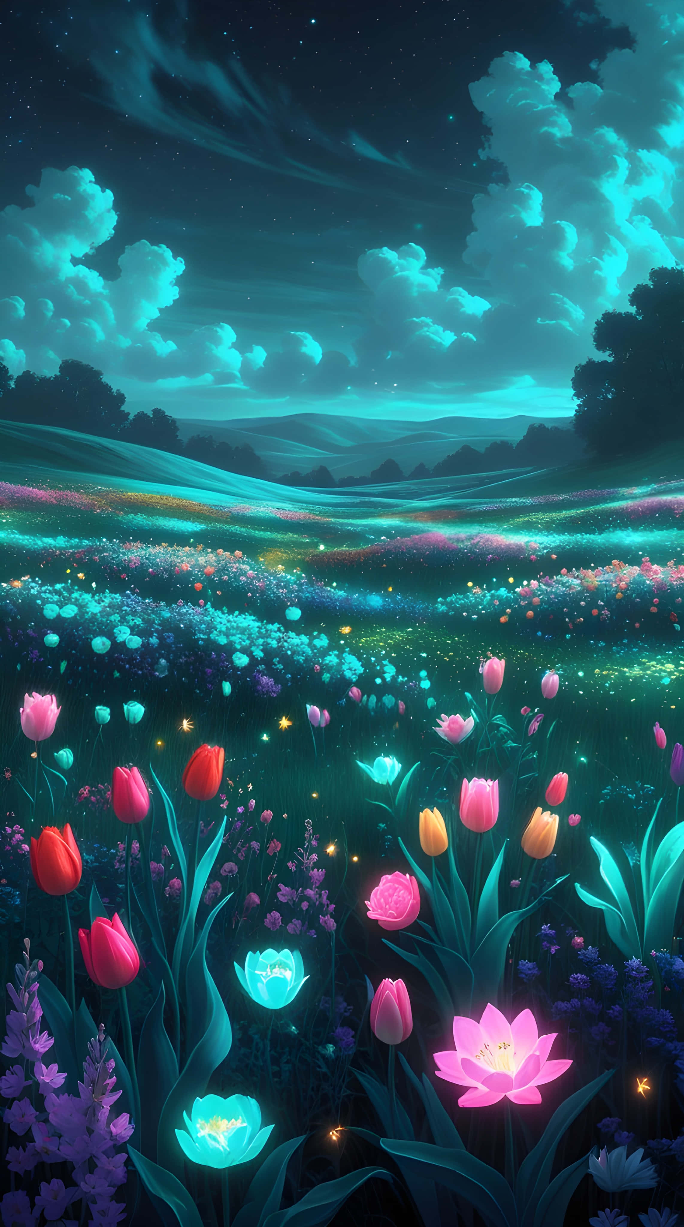 glowing tulips, lotuses, starry teal sky, 4K Phone Wallpaper