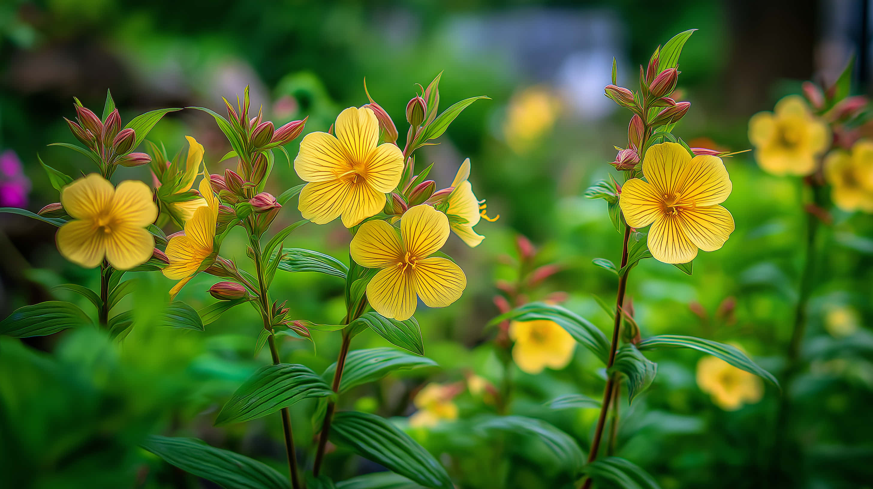 evening primrose, vibrant yellow flowers, delicate petals, 2K Desktop Wallpaper