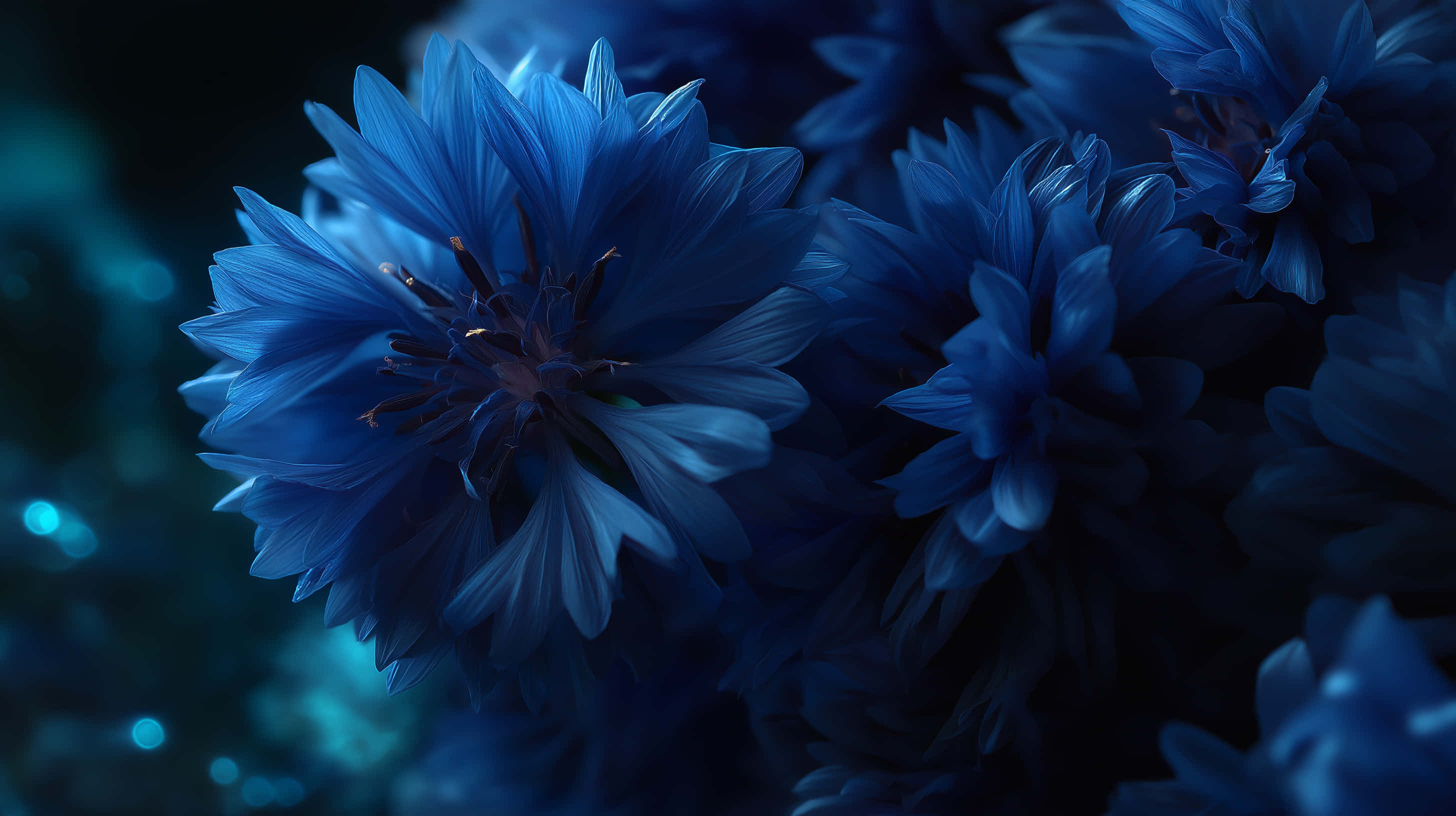 intensely blue cornflower petals, dark teal bokeh background, glowing light particles, 2K Desktop Wallpaper