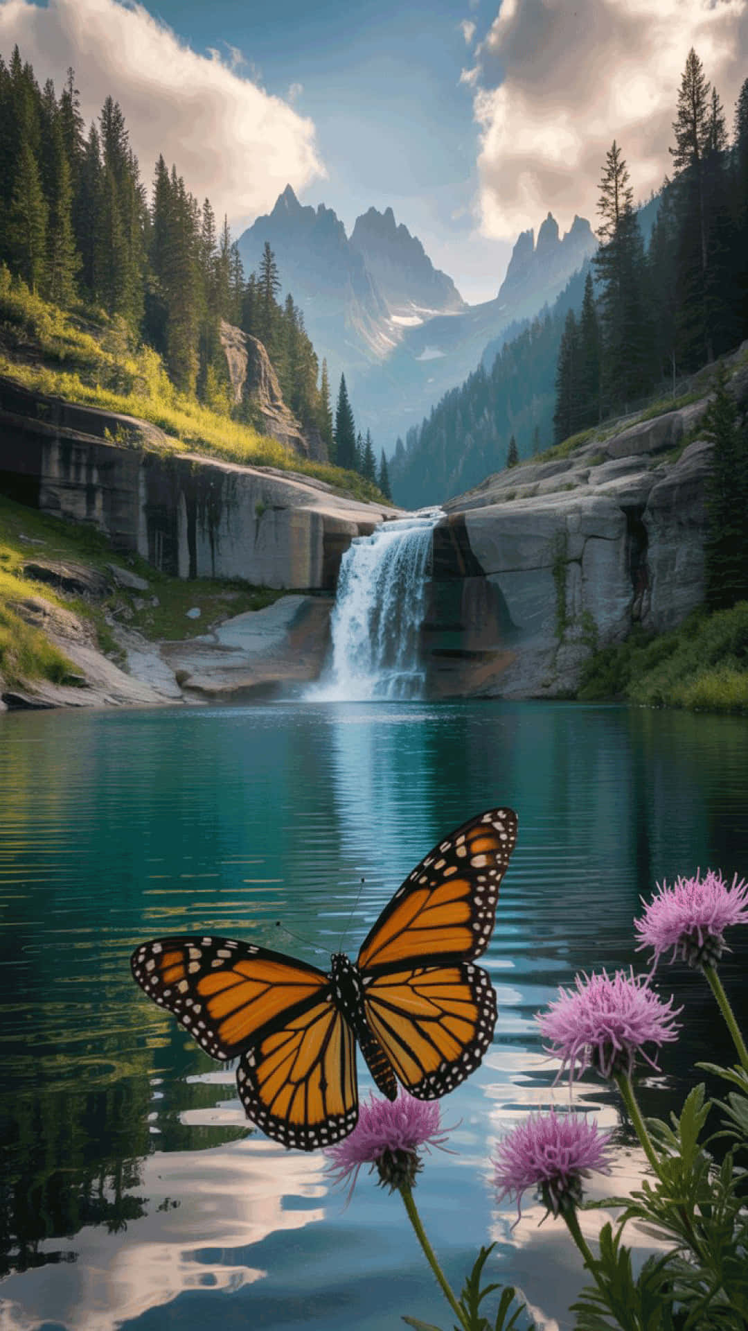 monarch butterfly, pink flowers, turquoise lake, Full HD Phone Wallpaper