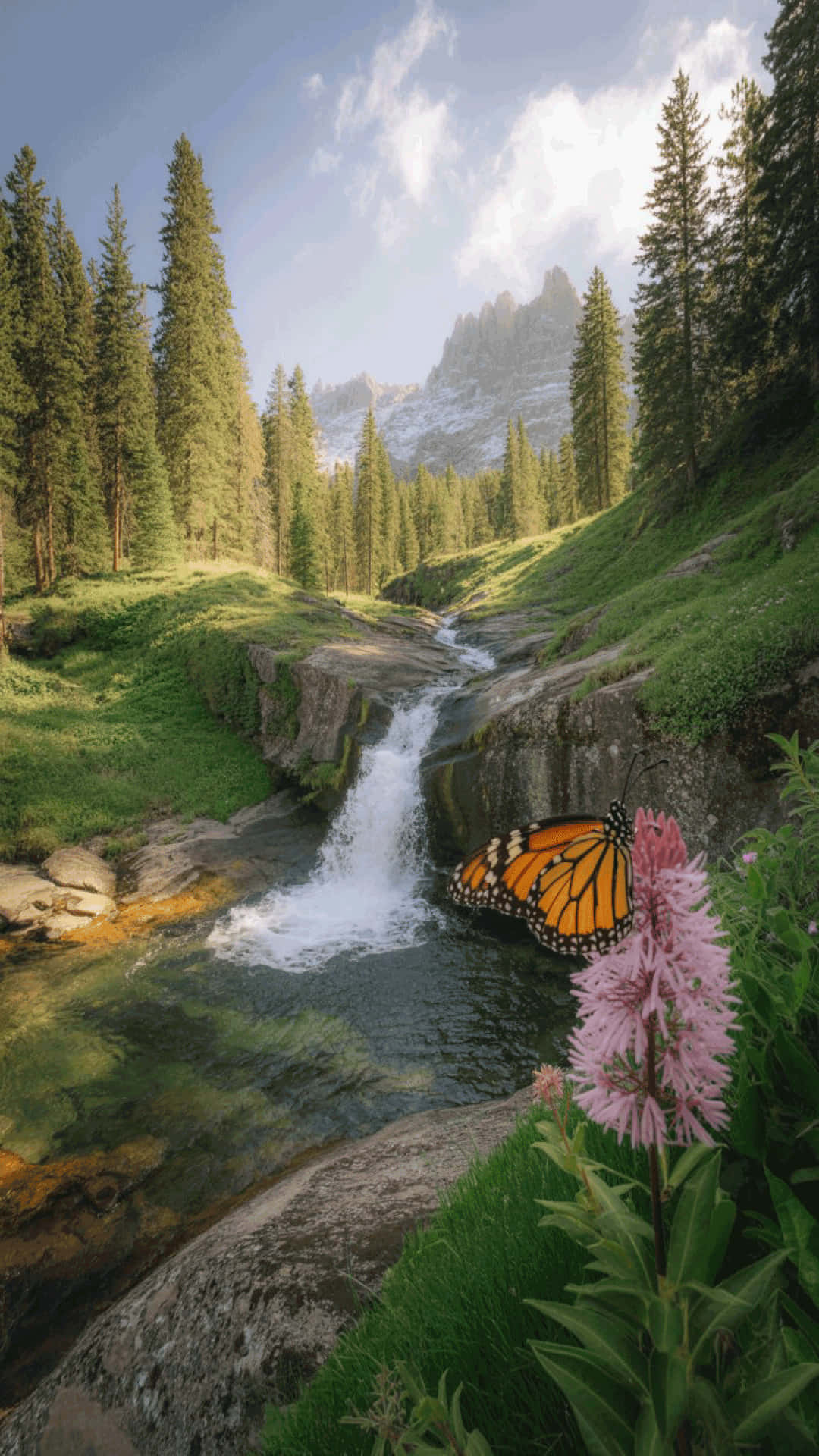 monarch butterfly, pink flowers, cascading mountain stream, Full HD Phone Wallpaper