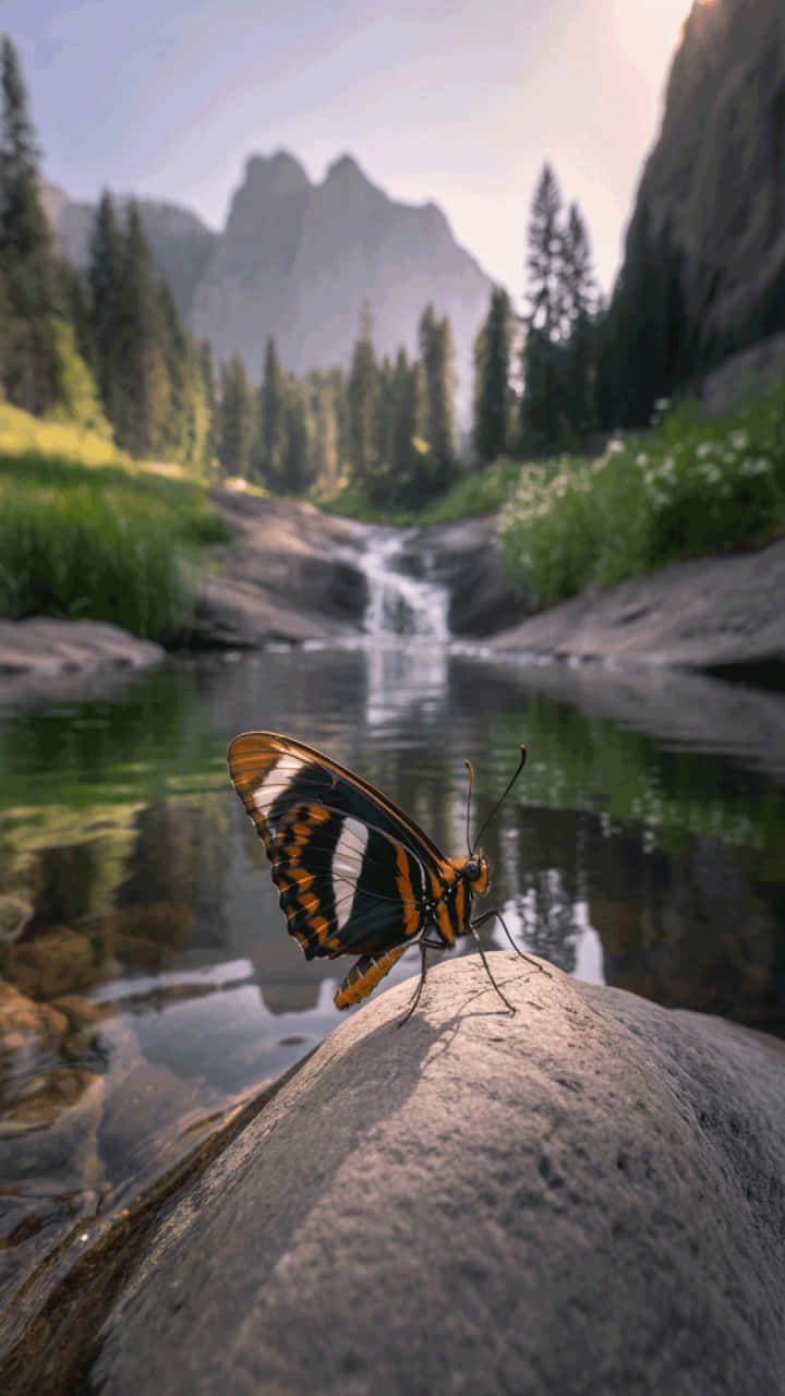 vibrant orange black and white butterfly, sunlit rock, serene mountain stream, HD Phone Wallpaper
