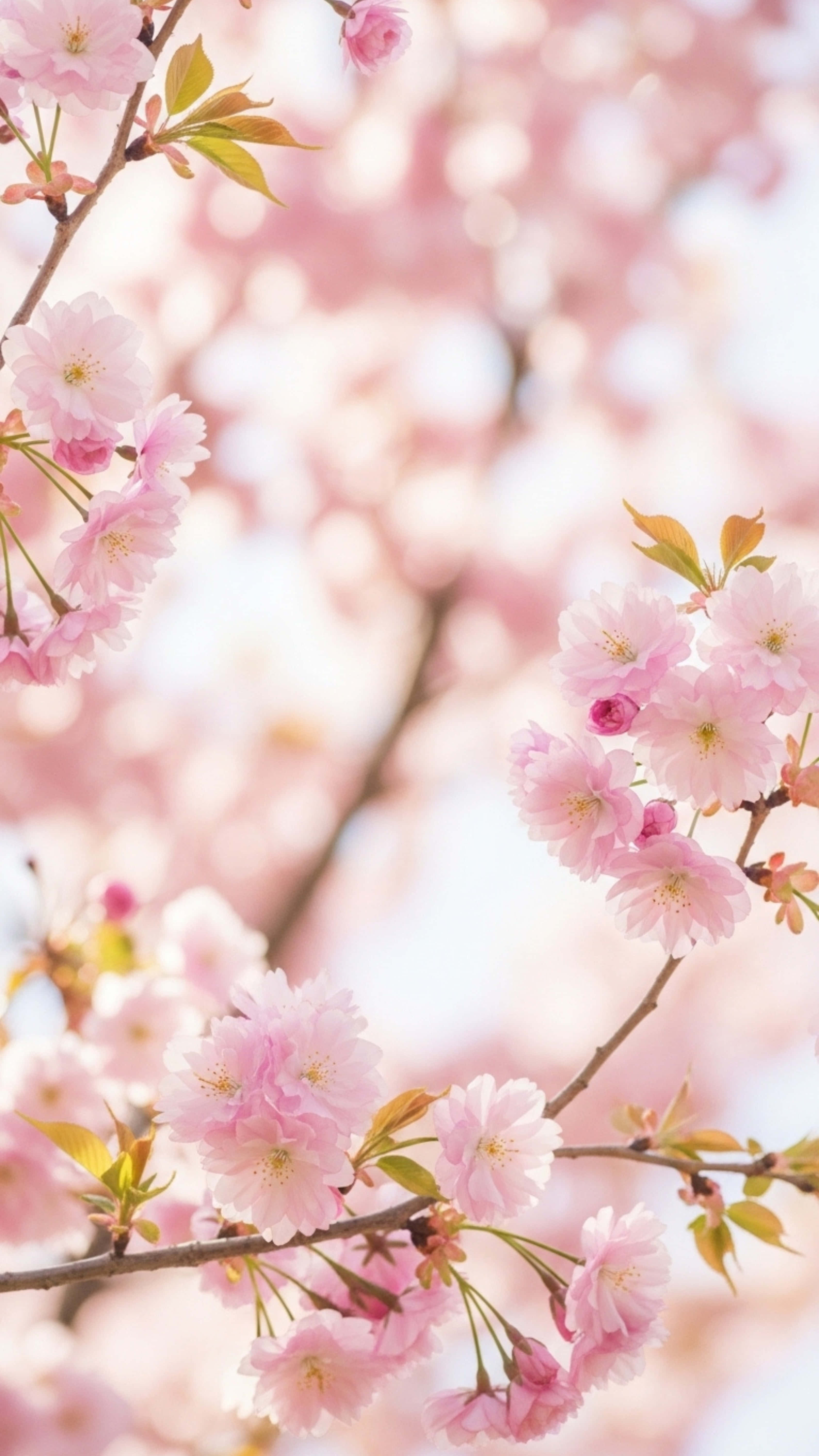 soft pink cherry blossoms, slender branches, bright blurred sky, 5K Phone Wallpaper