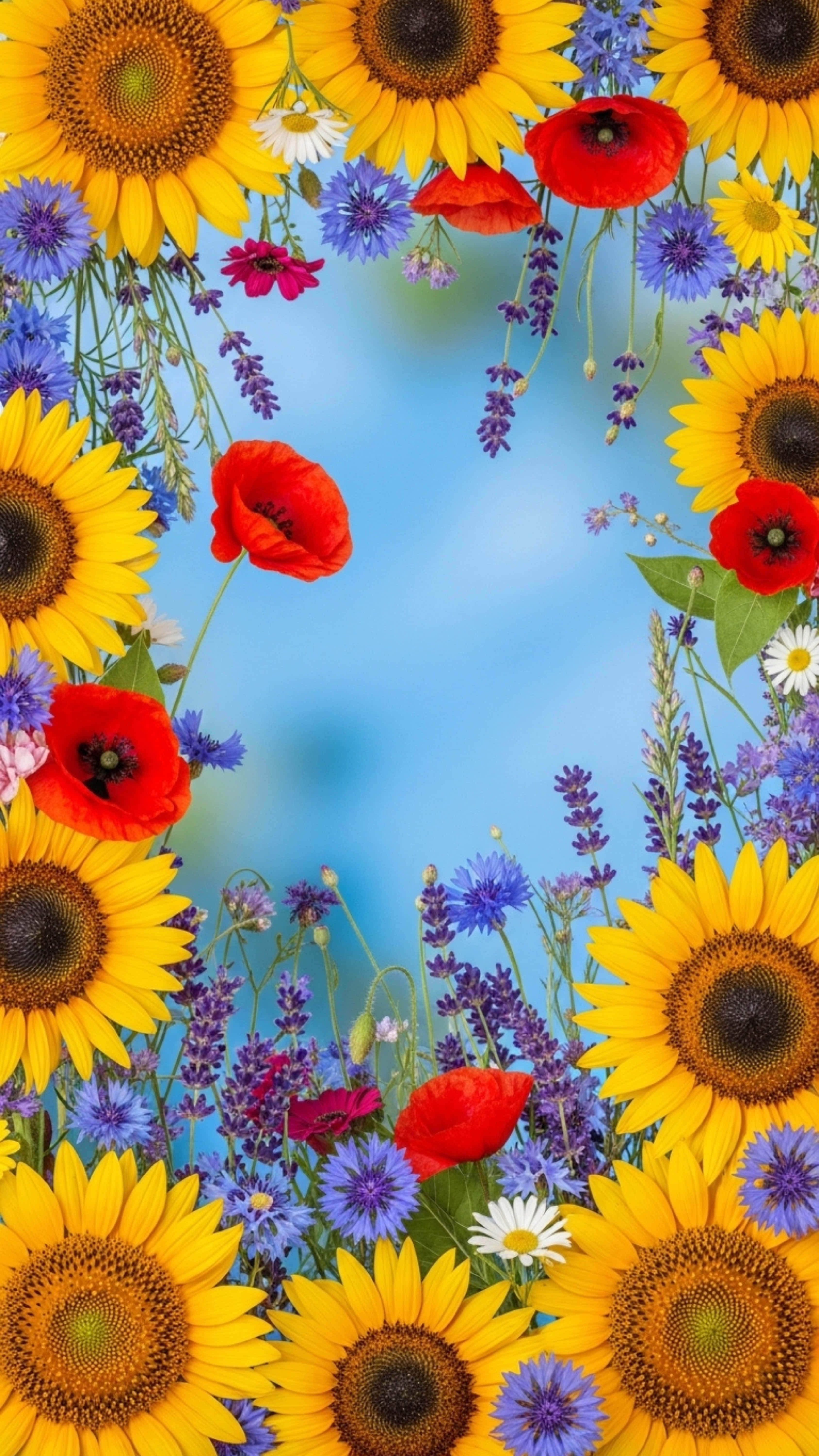 sunflowers, poppies, lavender, 5K Phone Wallpaper