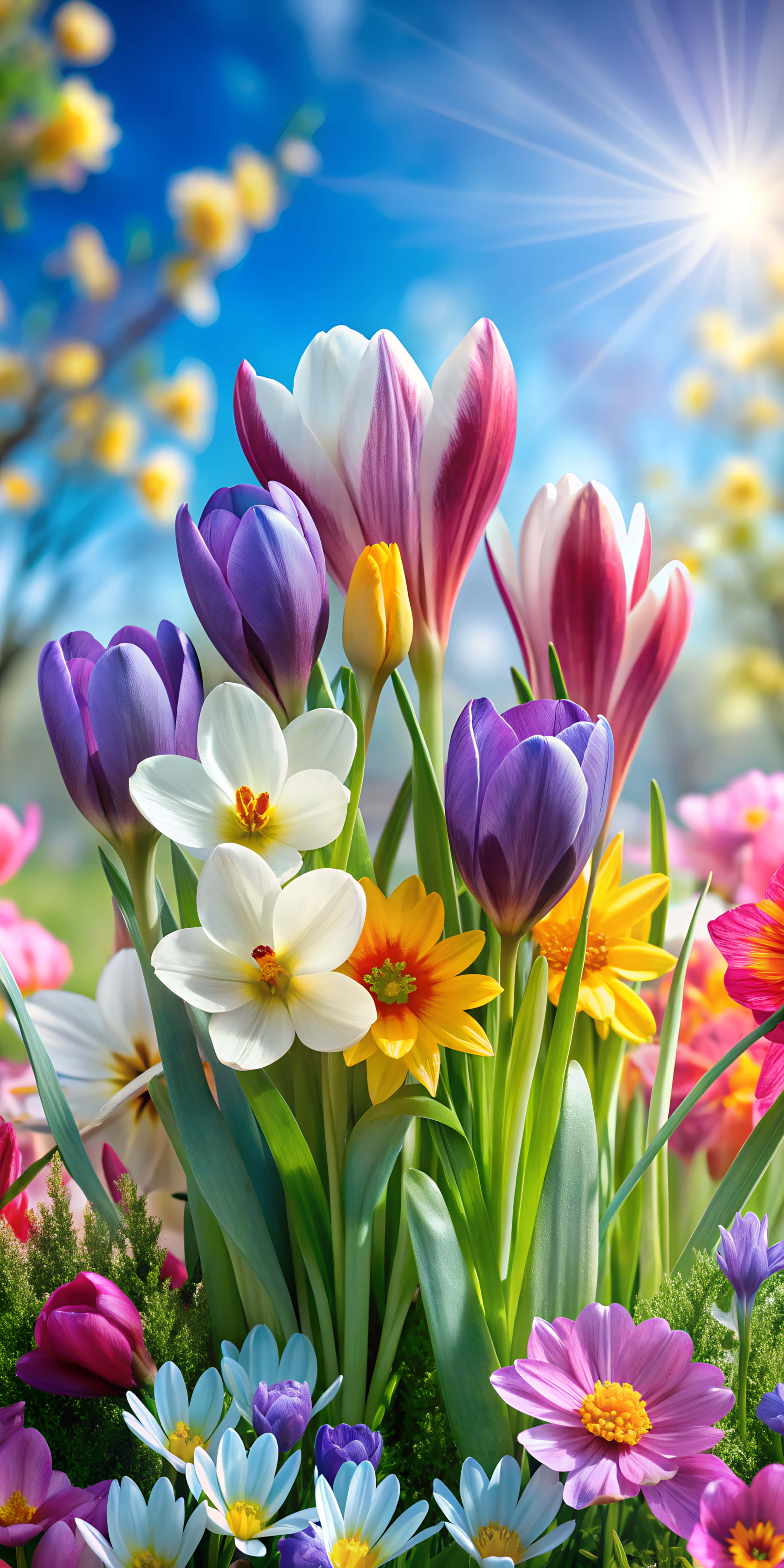 tulips, daffodils, cosmos, 5K Phone Wallpaper
