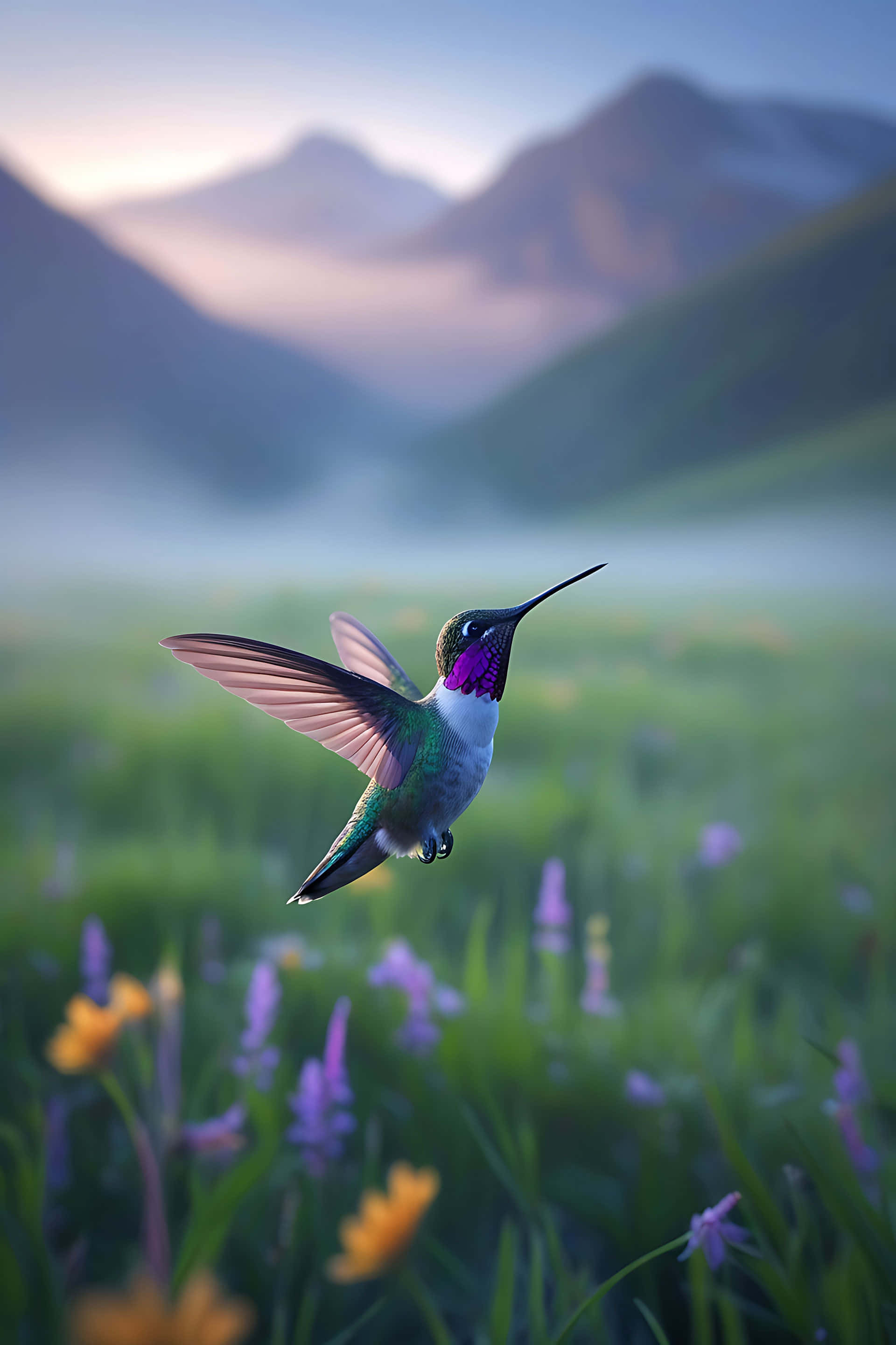 hummingbird, wildflowers, misty meadow, 2K Phone Wallpaper