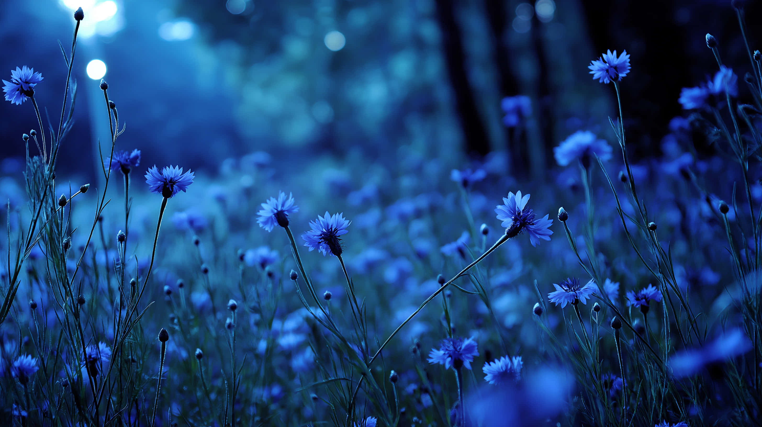 blue cornflowers, misty forest, cool moonlight, 2K Desktop Wallpaper