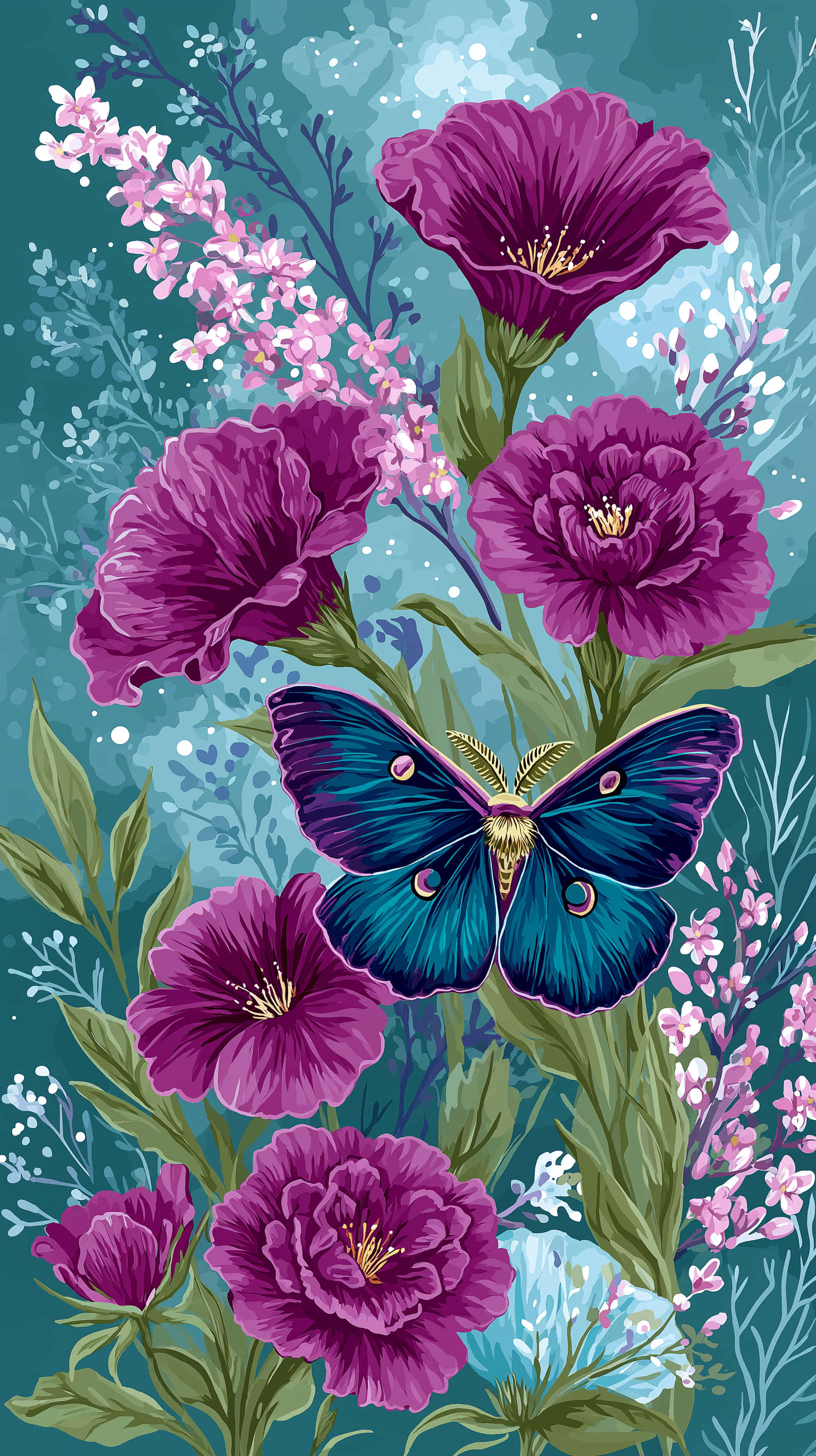 luna moth, deep purple flowers, pink blossoms, 2K Phone Wallpaper