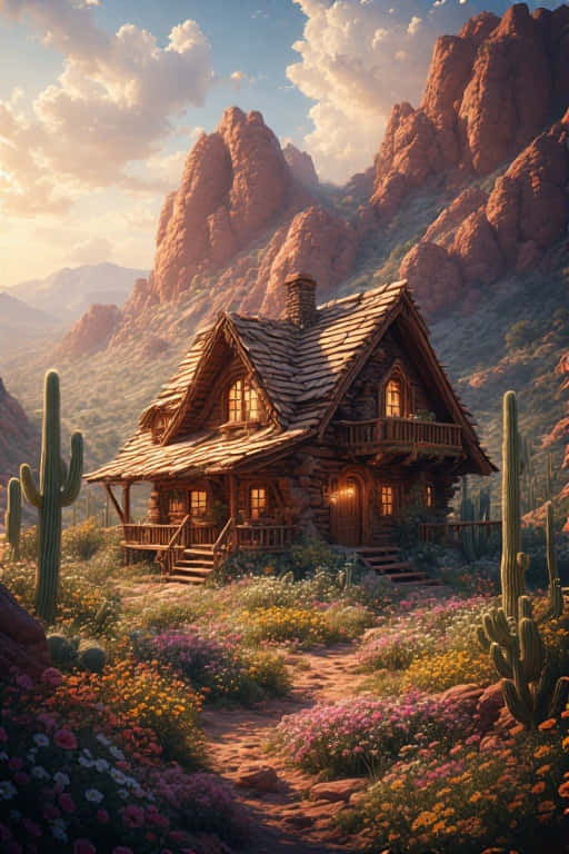 desert oasis cabin, wildflowers, red rock formations, SD Phone Wallpaper