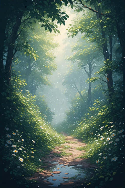 rainy forest path, lush green trees, dappled light, SD Phone Wallpaper