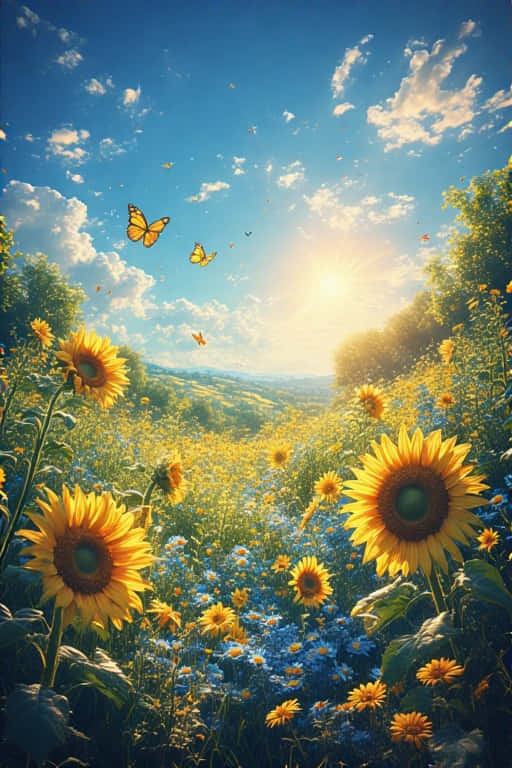 sunflowers, bluebells, sunlit meadow, SD Phone Wallpaper