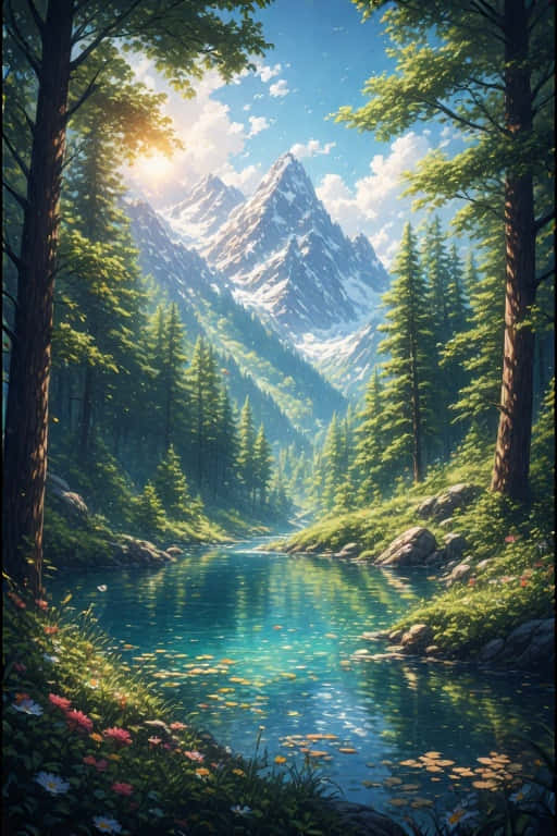 summer mountain lake, wildflowers, forest river, SD Phone Wallpaper