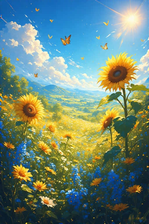 aesthetic summer wildflower field, sunflowers, blue wildflowers, SD Phone Wallpaper