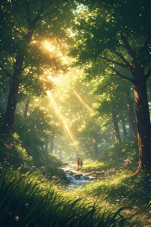 wildflower hills, sunlit forest stream, golden rays, SD Phone Wallpaper