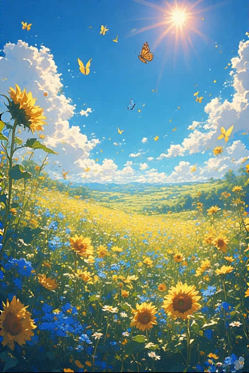 Sunflowers, Bluebells, Bright sun, SD Phone Wallpaper