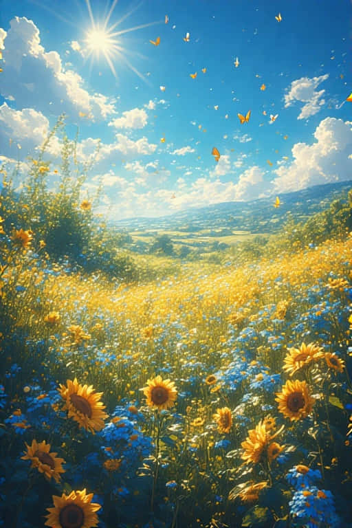 aesthetic summer wildflower field, sunlight, fluffy clouds, SD Phone Wallpaper
