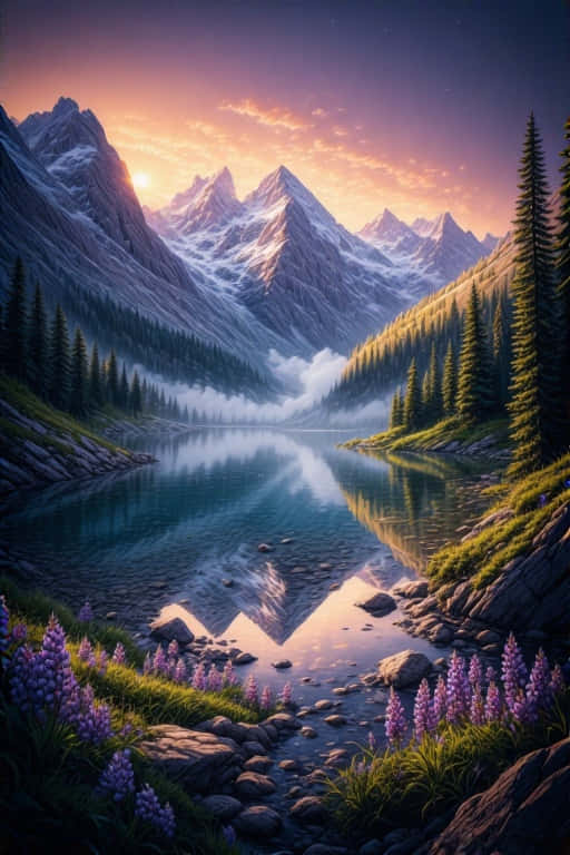 anime forest, golden hour, mountain lake, SD Phone Wallpaper