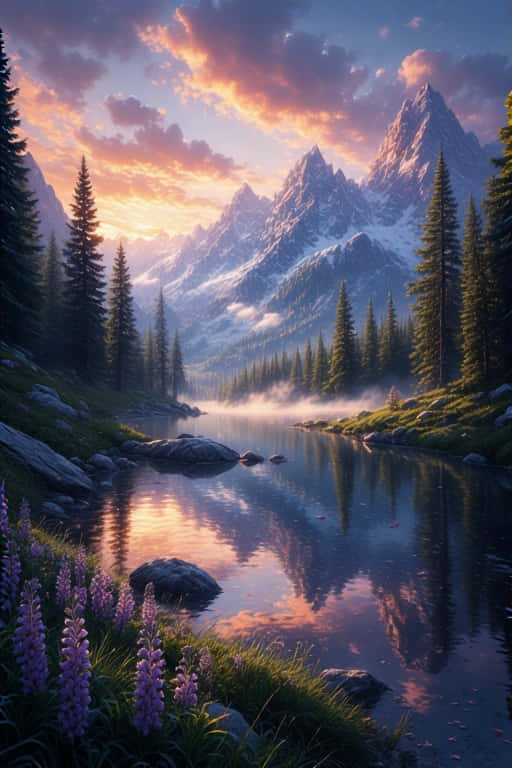 anime forest, golden hour, mountain valley, SD Phone Wallpaper