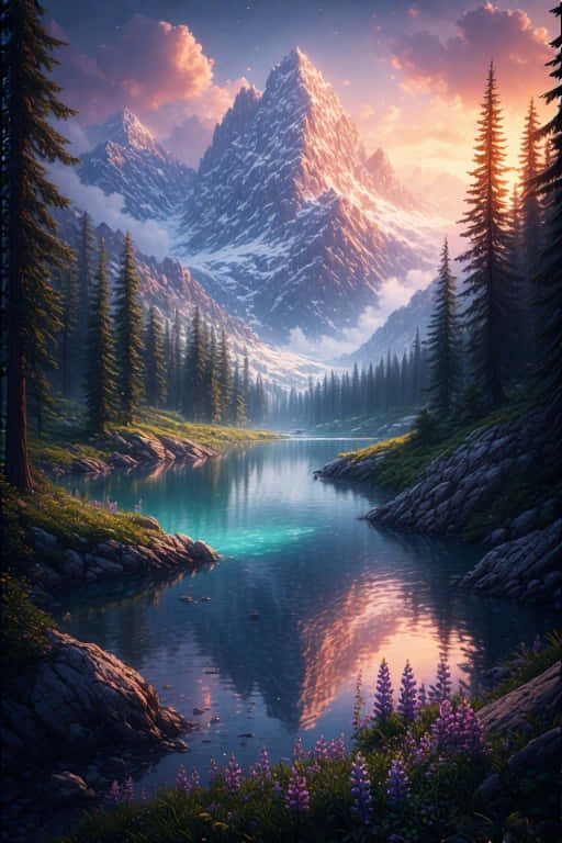 anime forest, golden hour, mountain lake, SD Phone Wallpaper