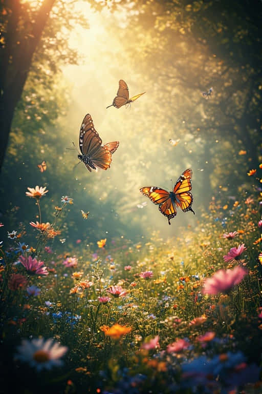 butterflies, summer meadow, golden sunlight, SD Phone Wallpaper