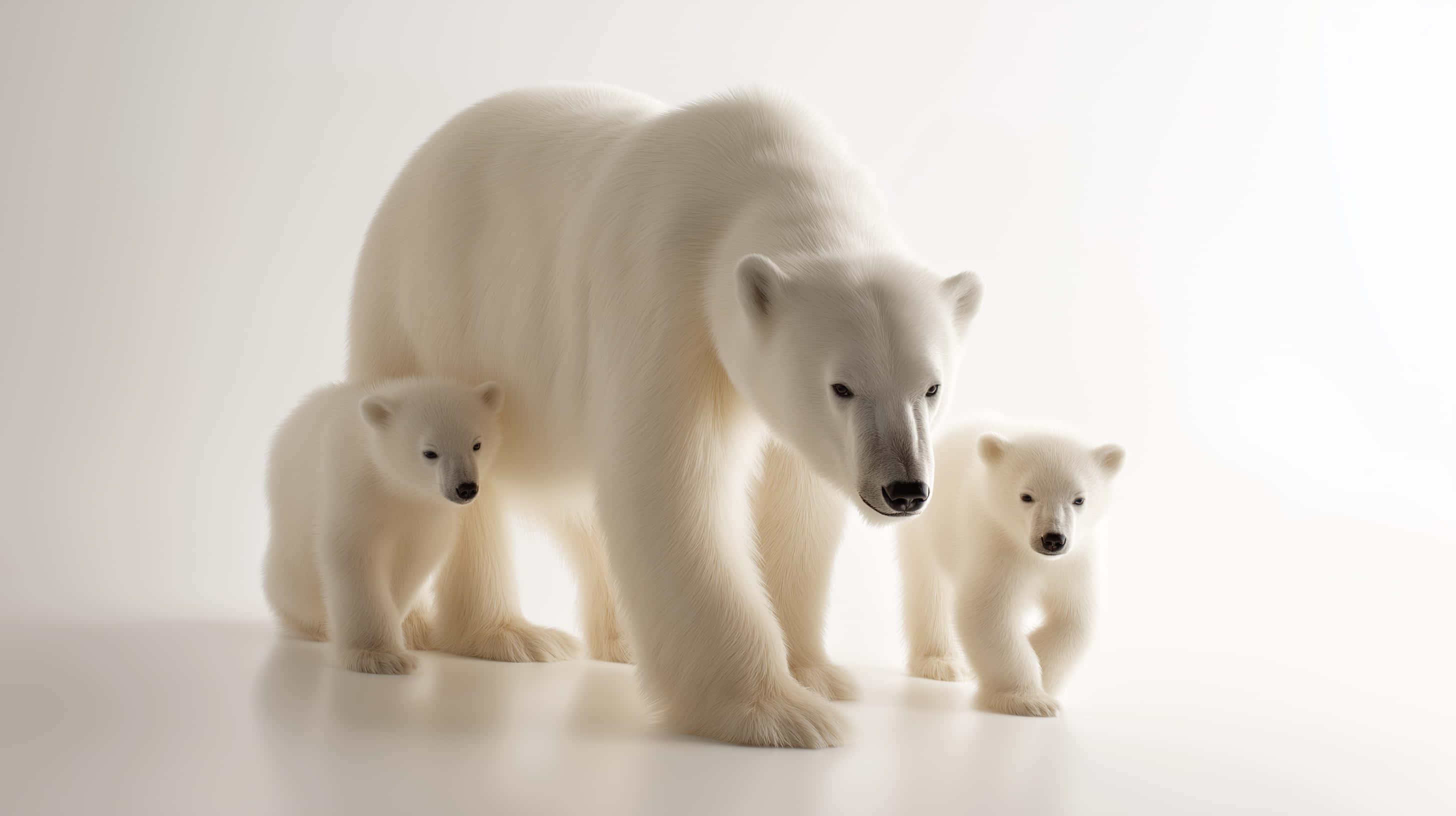 polar bear mother, two cubs, bright white surface, 2K Desktop Wallpaper