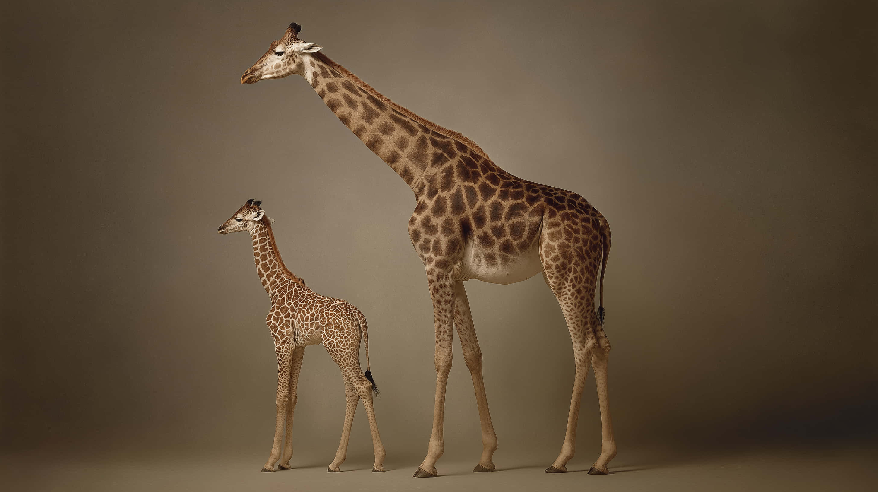 giraffe, calf, muted brown studio backdrop, 2K Desktop Wallpaper