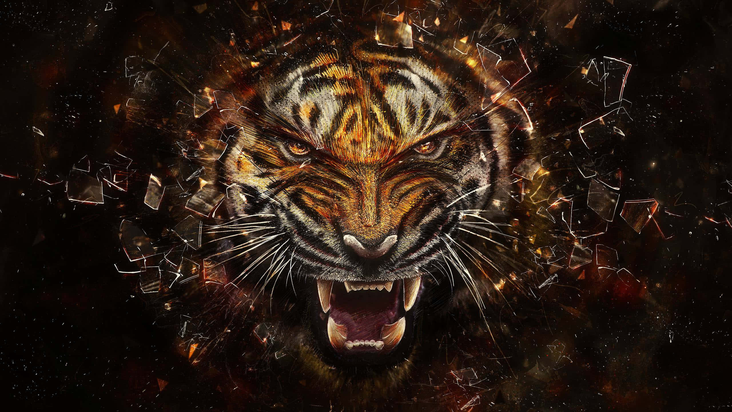 tiger, roars, shattered glass, 2K Desktop Wallpaper