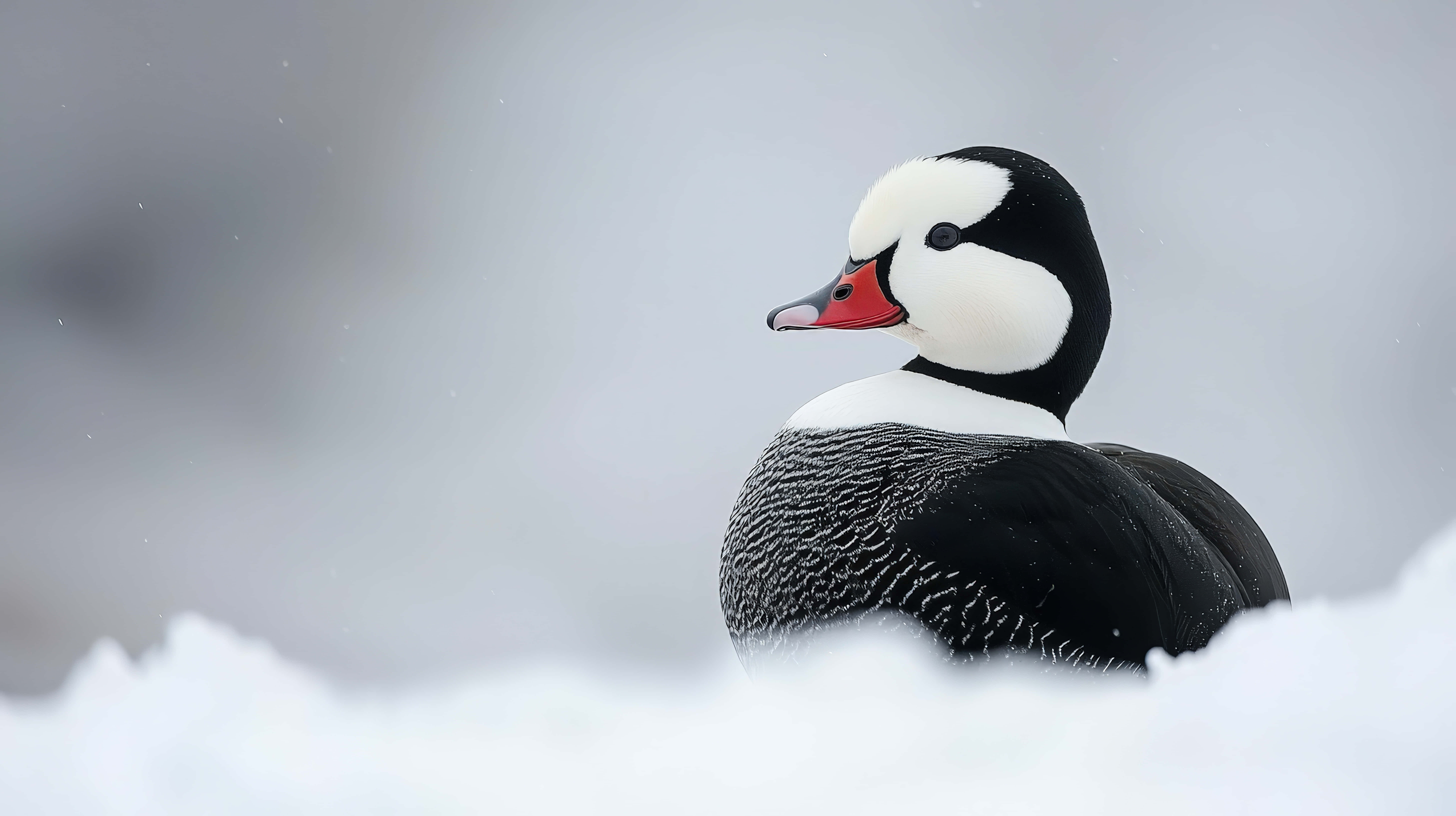 harlequin duck, black white and red markings, fresh snow, 8K Desktop Wallpaper