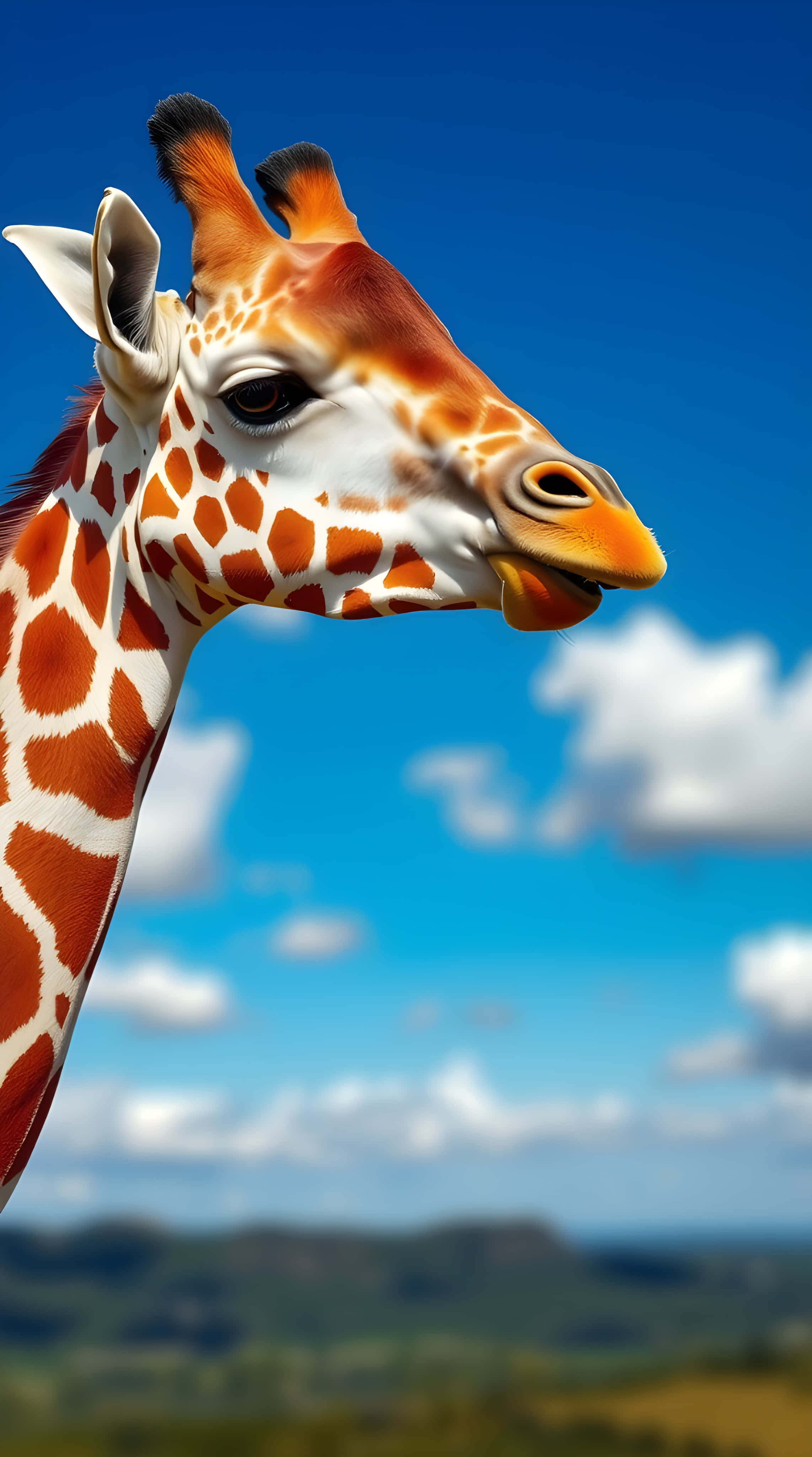 giraffe, orange and white patches, bright blue sky, 4K Phone Wallpaper
