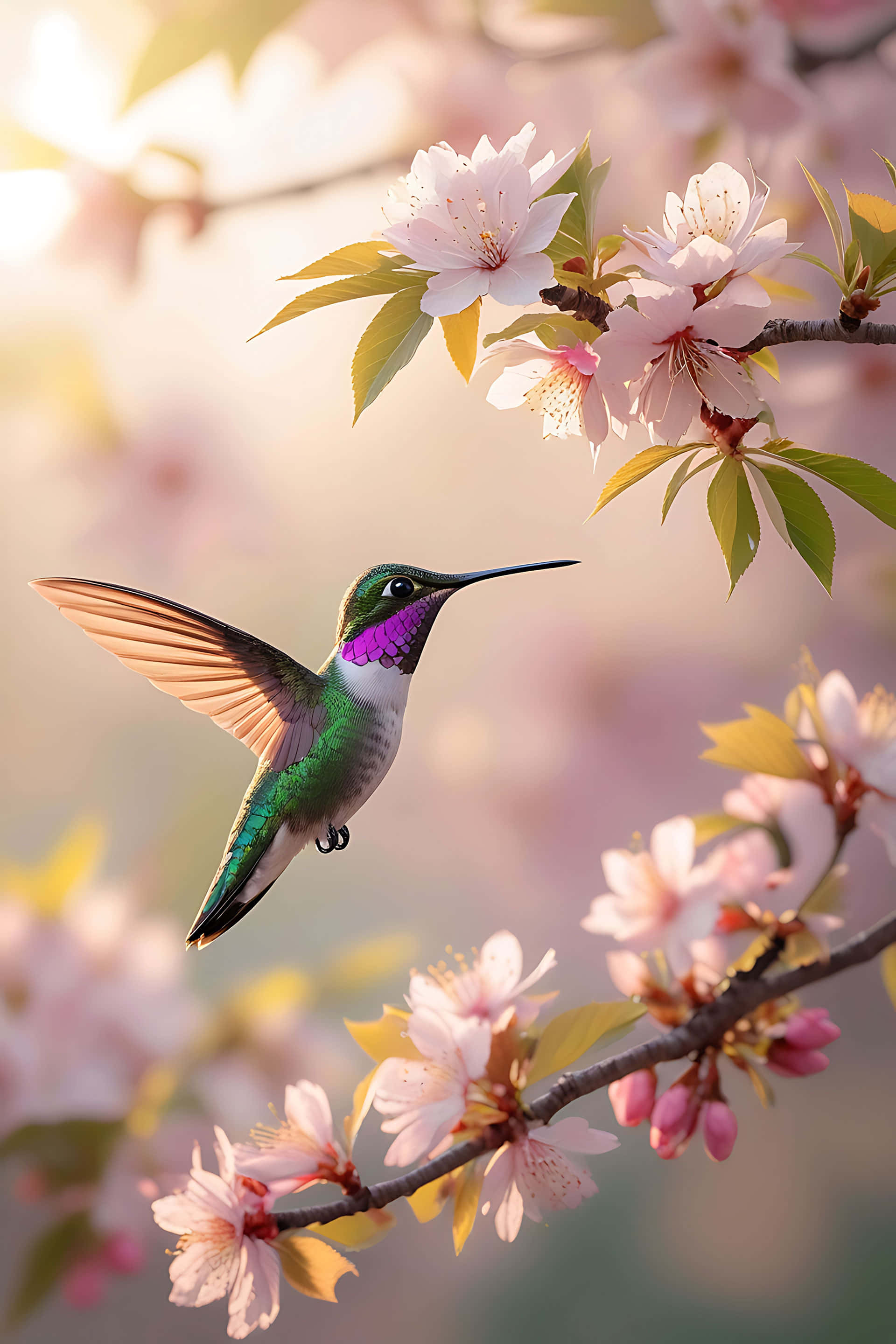 hummingbird, cherry blossoms, iridescent green feathers, 2K Phone Wallpaper