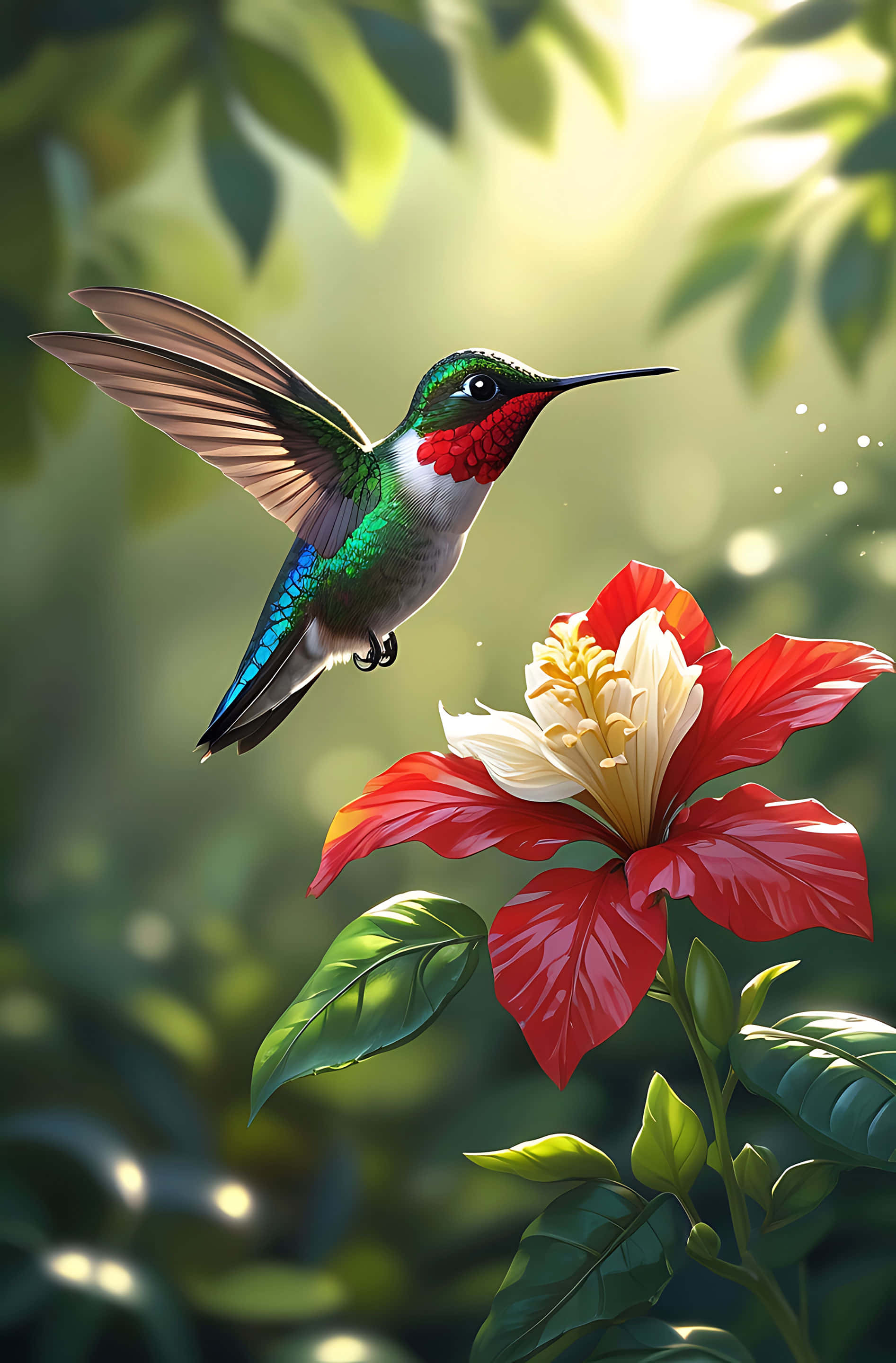 hummingbird, hibiscus, iridescent green and red feathers, 2K Phone Wallpaper