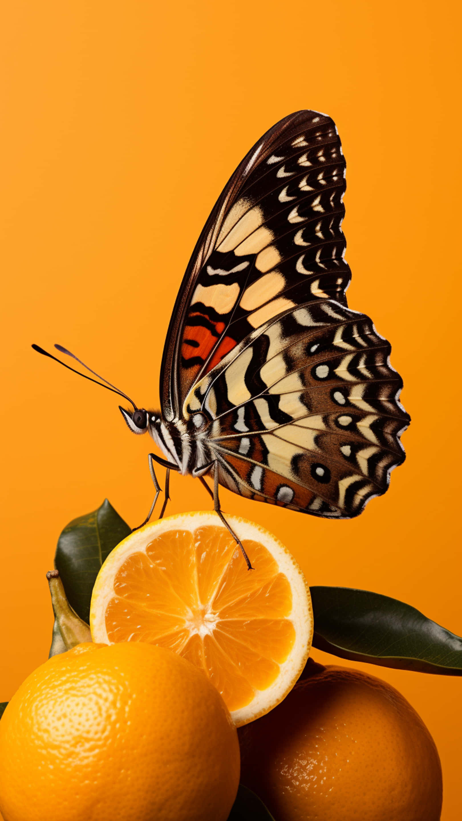 butterfly, orange, sliced orange, 2K Phone Wallpaper