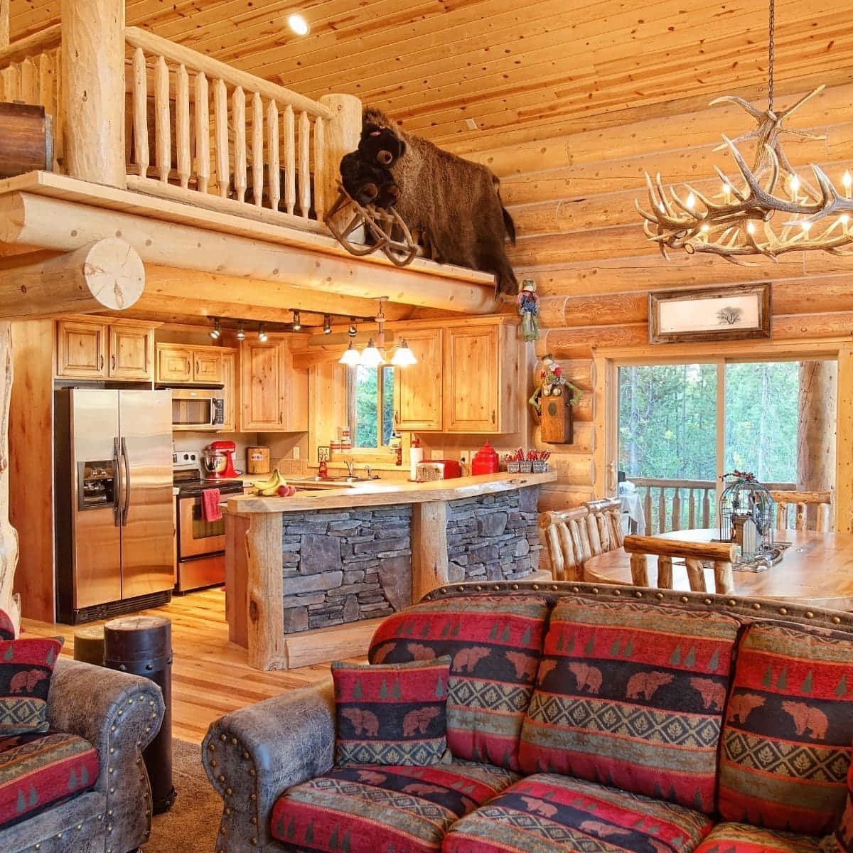 rustic log cabin interior, stone bar, wooden beams, SD Desktop Wallpaper