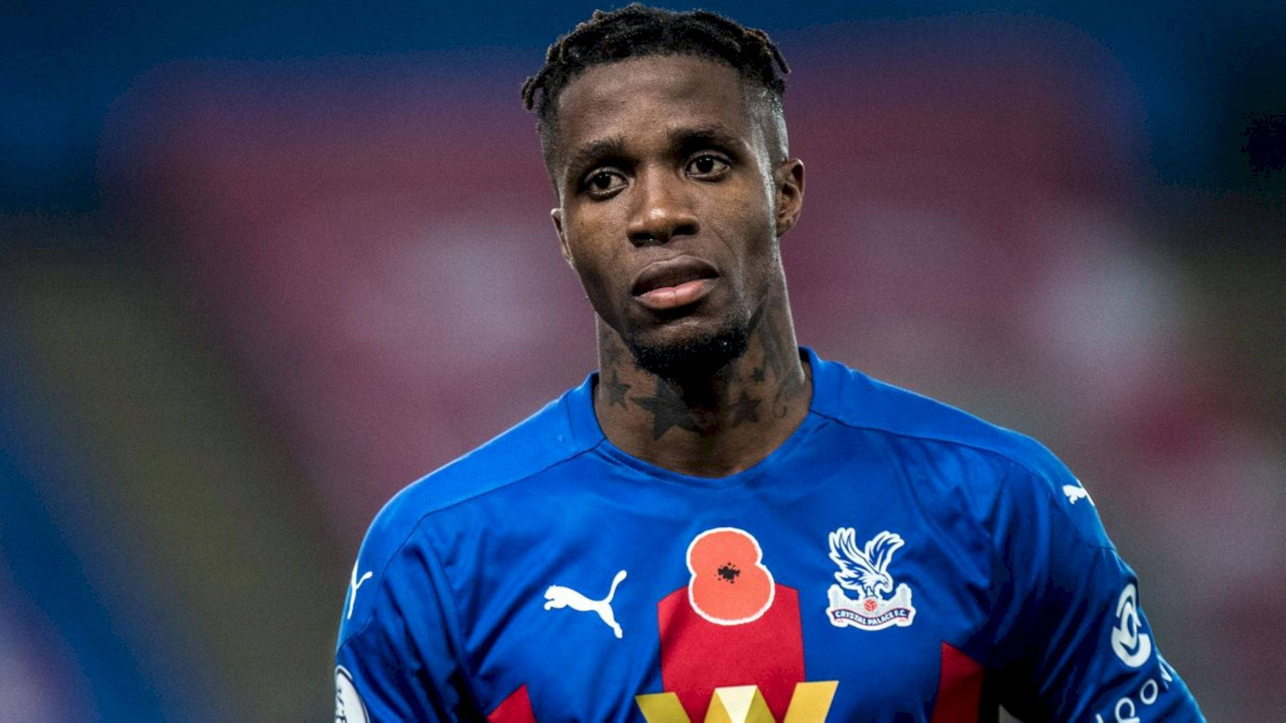 Wilfried Zaha, blue Crystal Palace jersey, poppy emblem, Full HD Desktop Wallpaper
