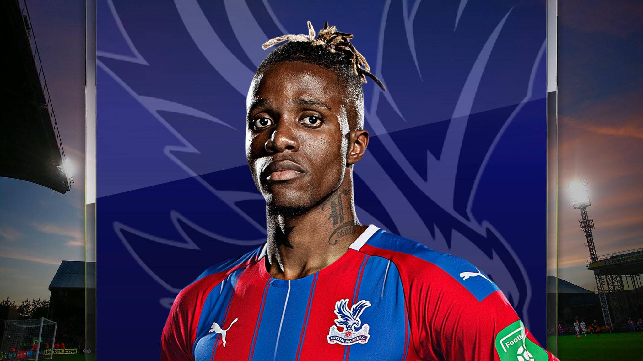 Wilfried Zaha, red and blue striped jersey, stadium backdrop, Full HD Desktop Wallpaper