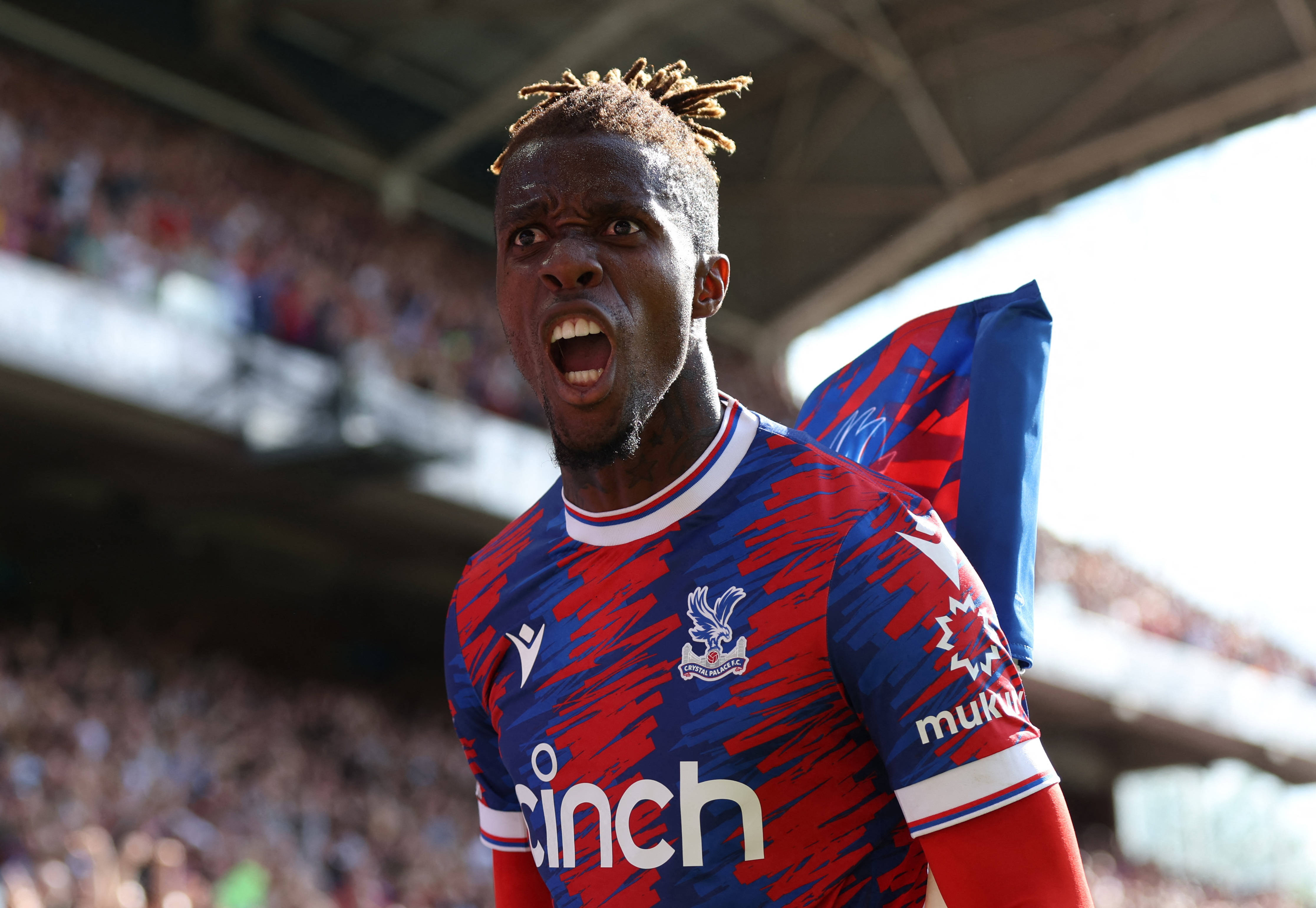Wilfried Zaha, red and blue kit, sunlit stadium pitch, 4K Desktop Wallpaper