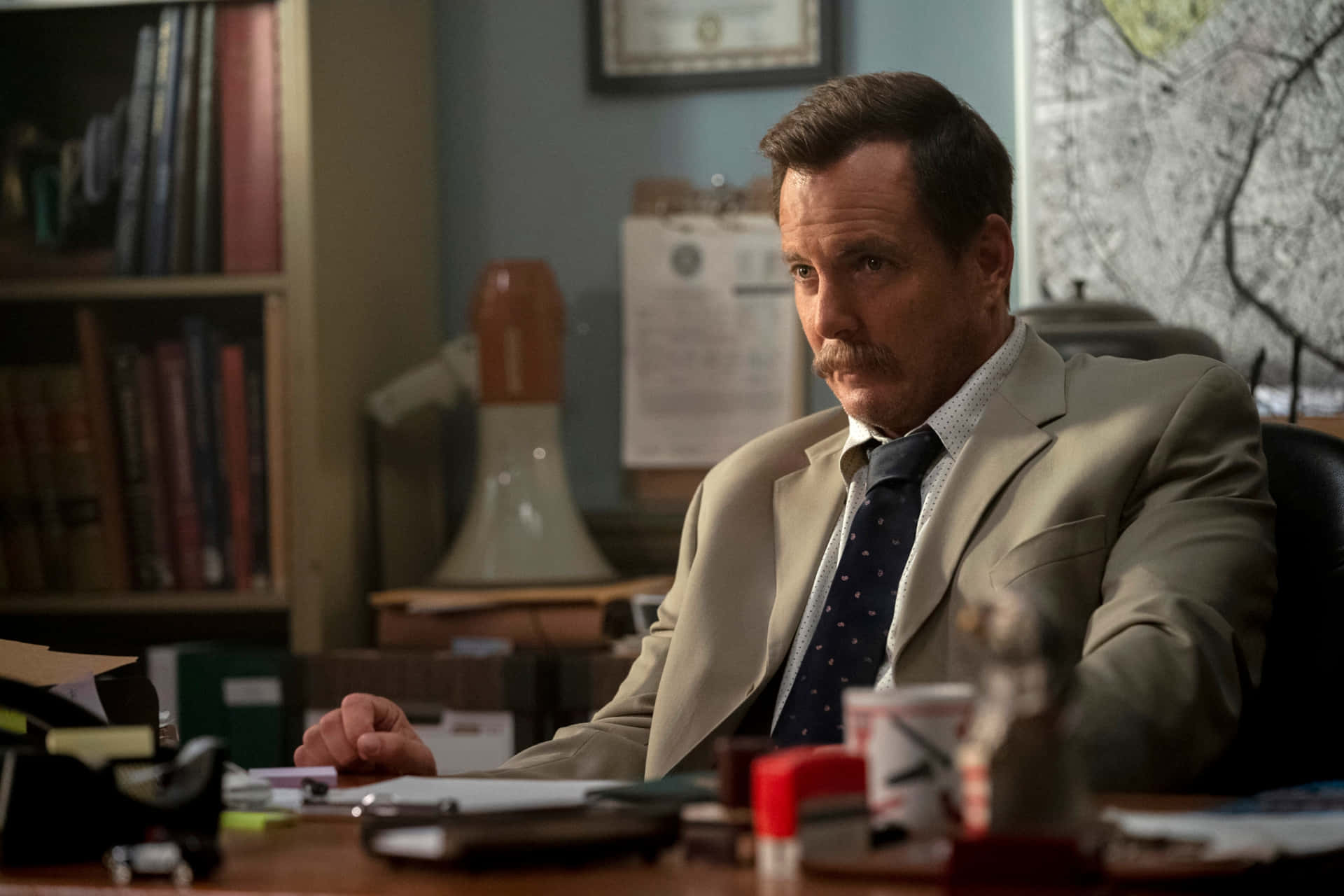 Will Arnett, mustache, cluttered wooden desk, Full HD Desktop Wallpaper