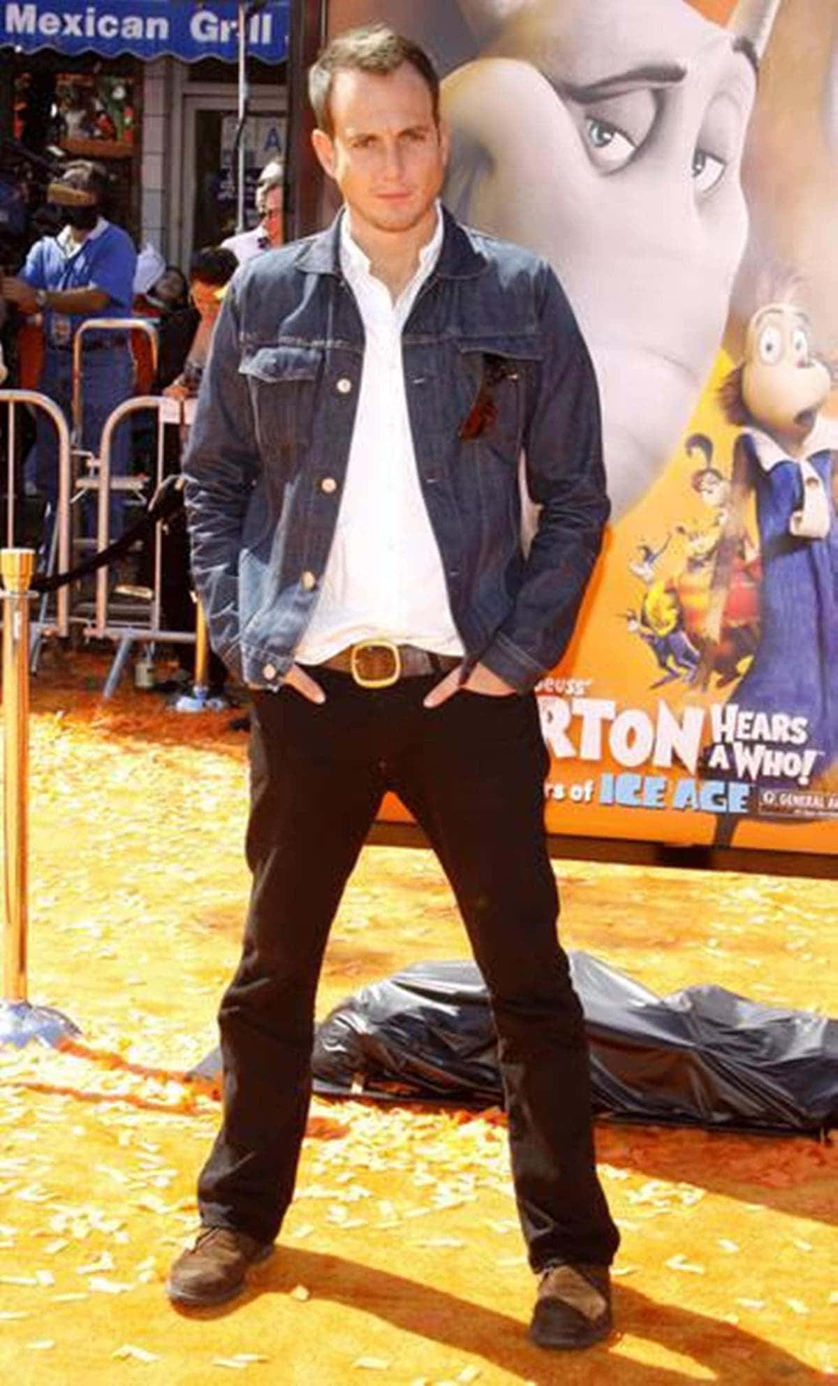 Will Arnett, denim jacket, golden confetti-covered carpet, Full HD Phone Wallpaper