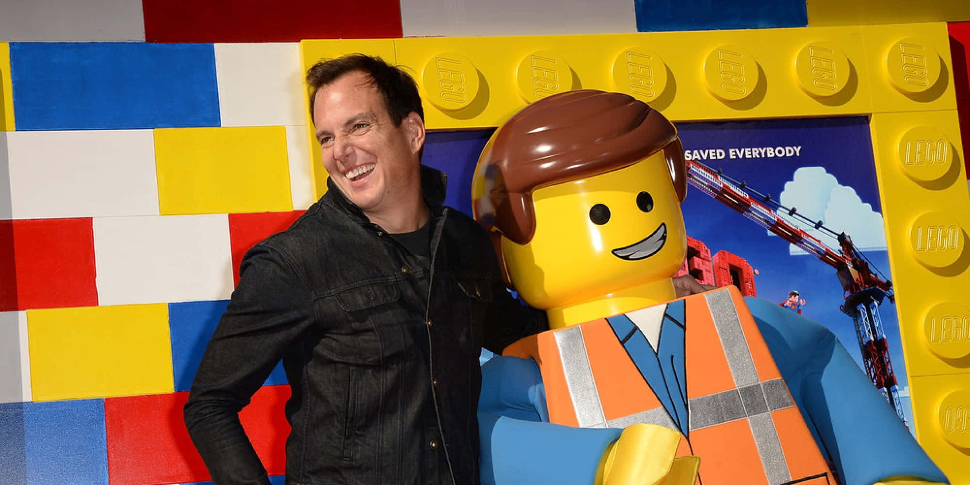Will Arnett, LEGO minifigure, colorful LEGO brick wall, Full HD Desktop Wallpaper
