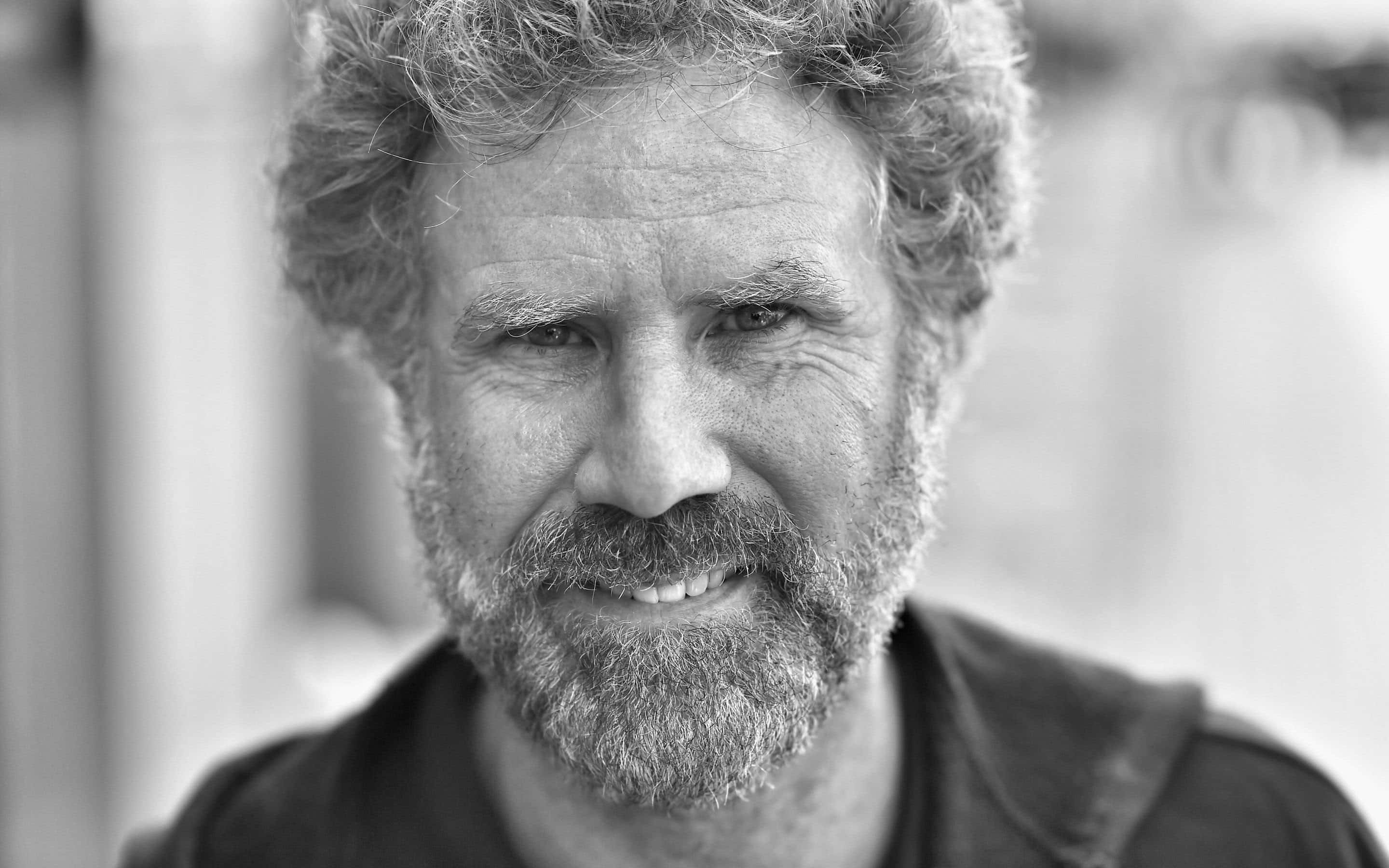 Will Ferrell, black and white portrait, curly hair, 2K Desktop Wallpaper