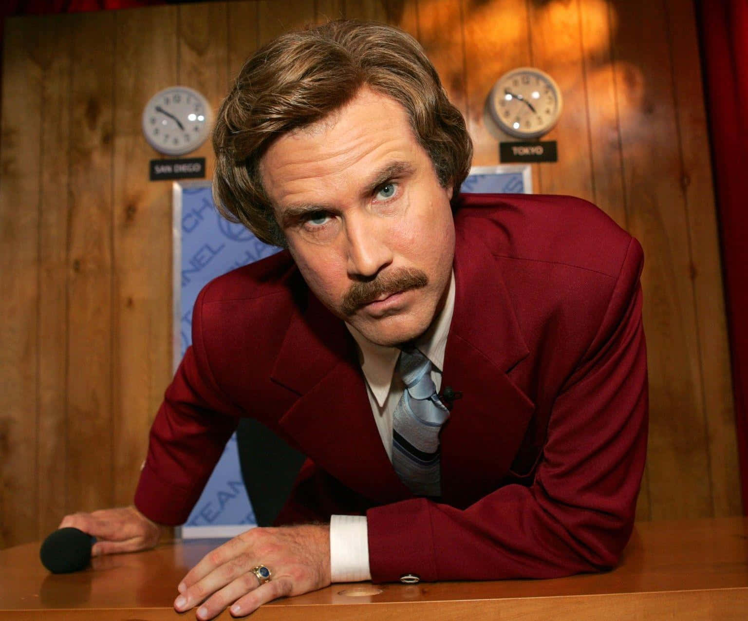 Will Ferrell, red suit, wood-paneled wall, HD Desktop Wallpaper