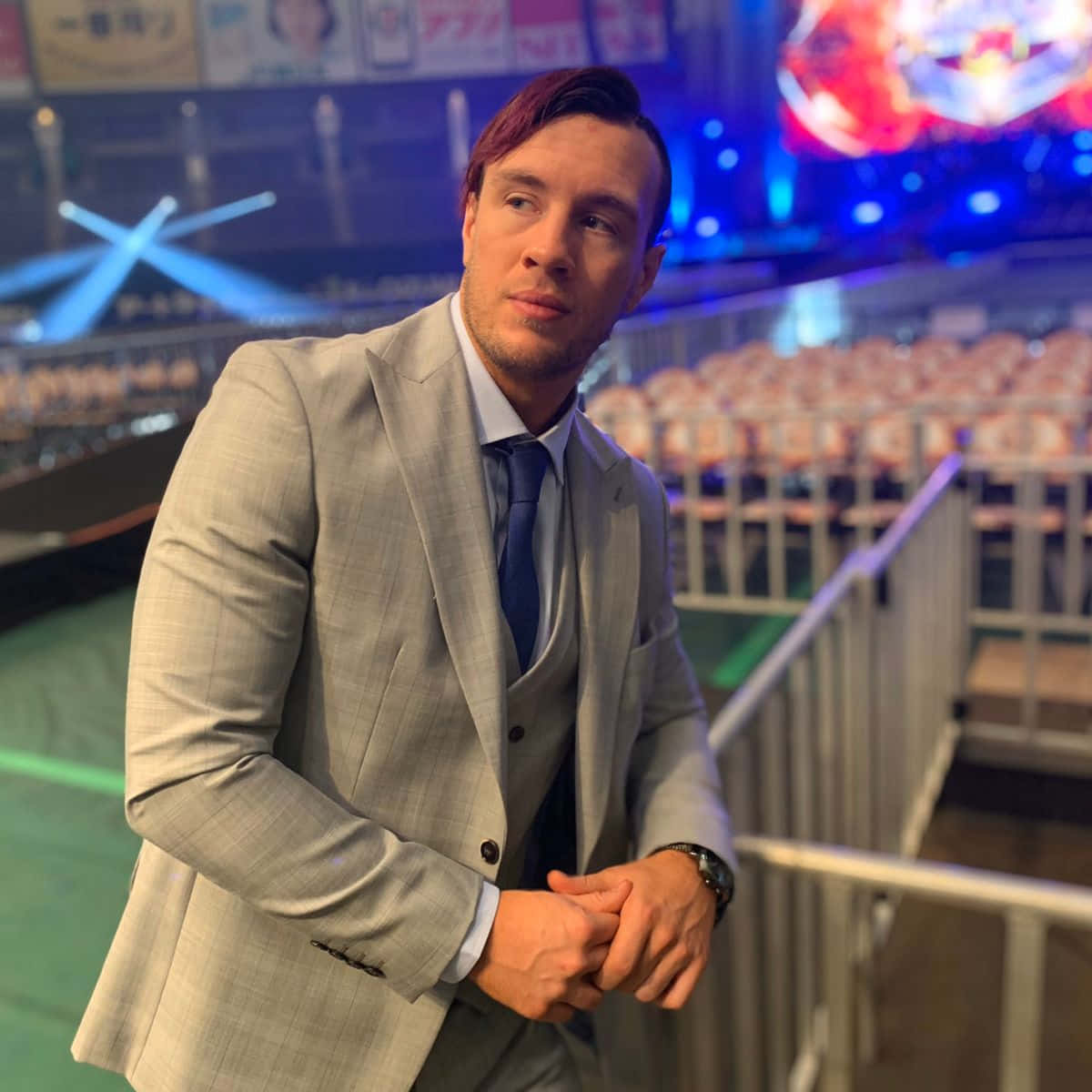 Will Ospreay, light gray suit, railing, SD Desktop Wallpaper