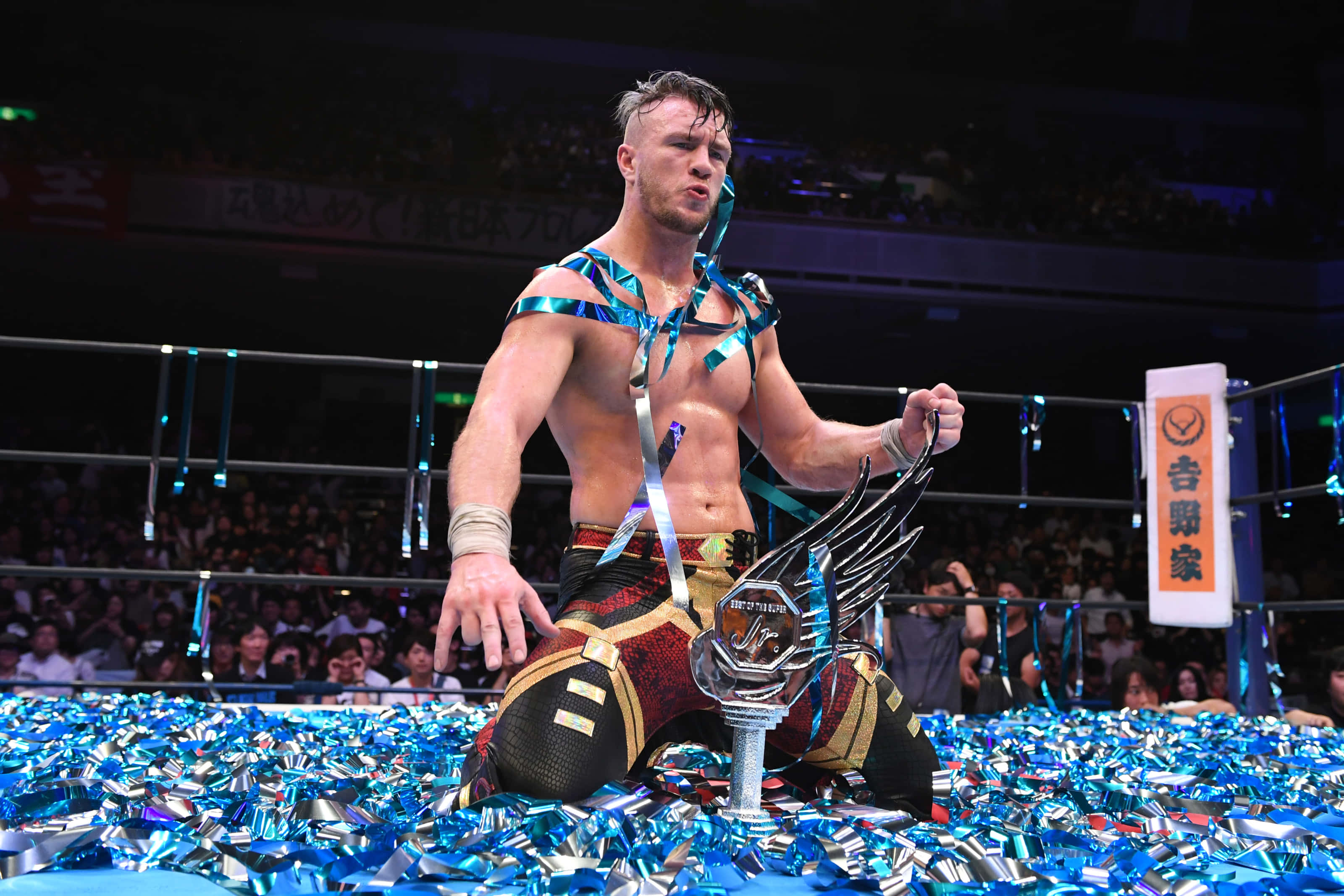 Will Ospreay, championship trophy, blue confetti, 2K Desktop Wallpaper