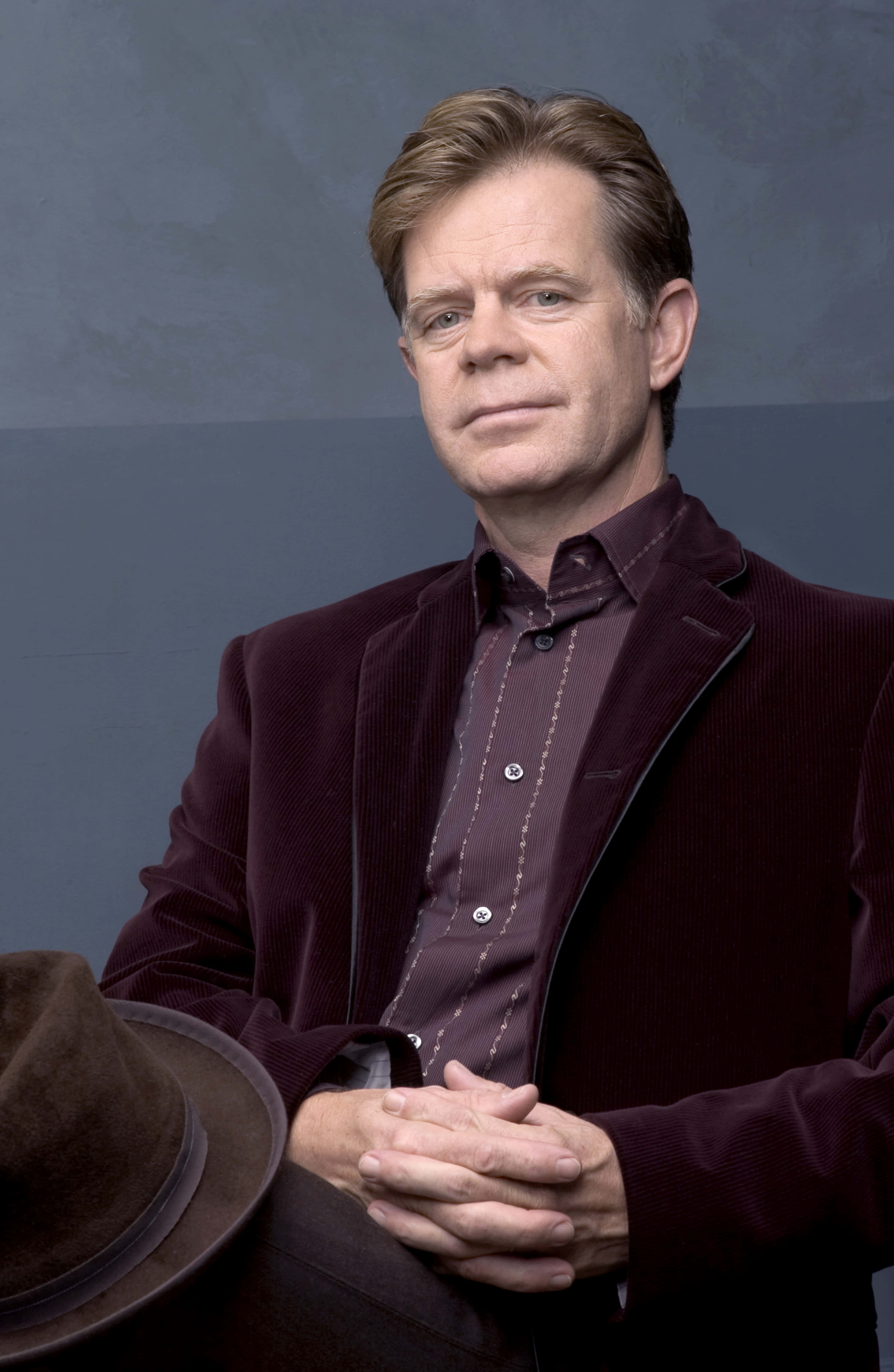 William H. Macy, maroon corduroy suit, brown fedora, 5K Phone Wallpaper
