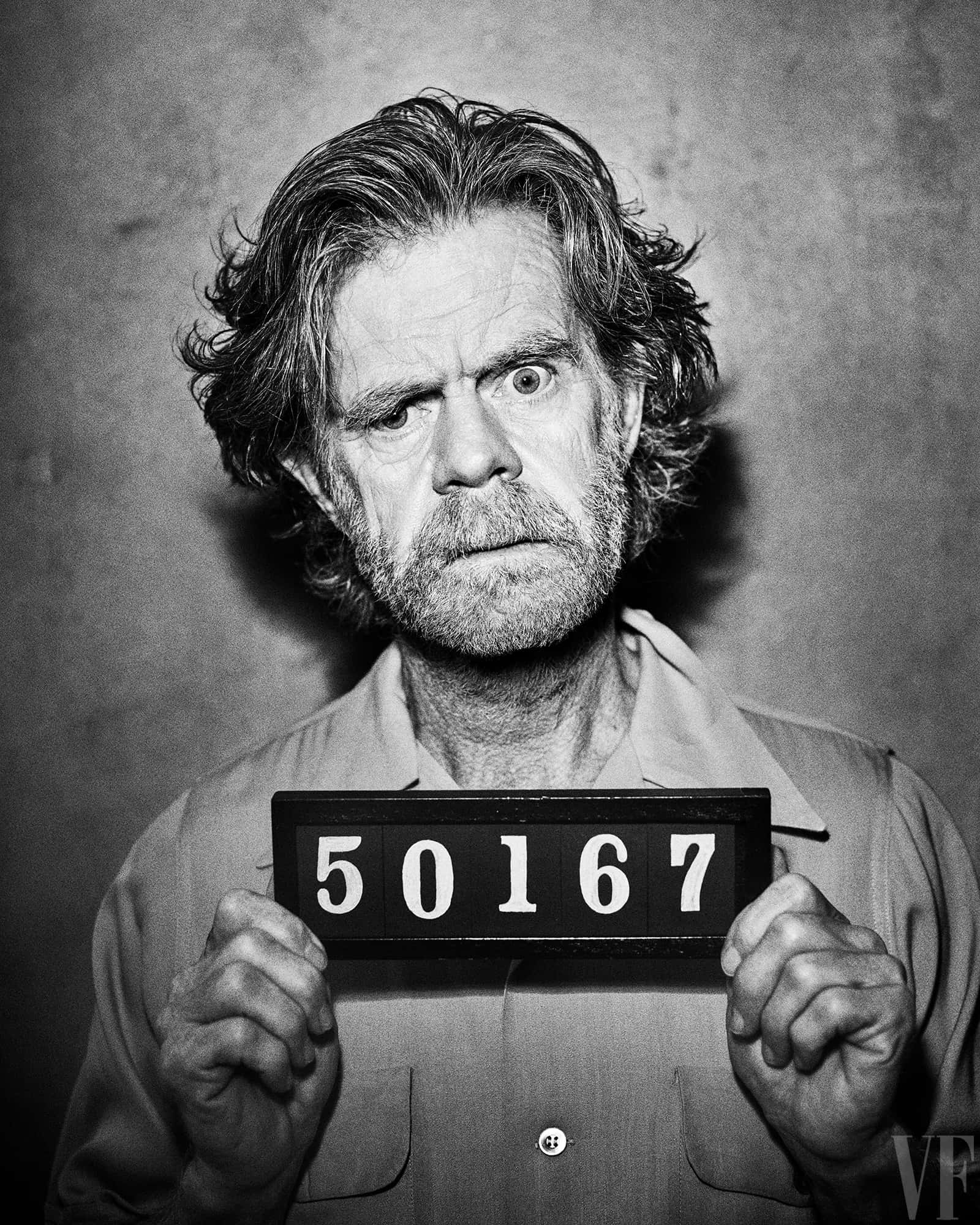 William H. Macy, mugshot number plate, stark black and white portrait, Full HD Phone Wallpaper