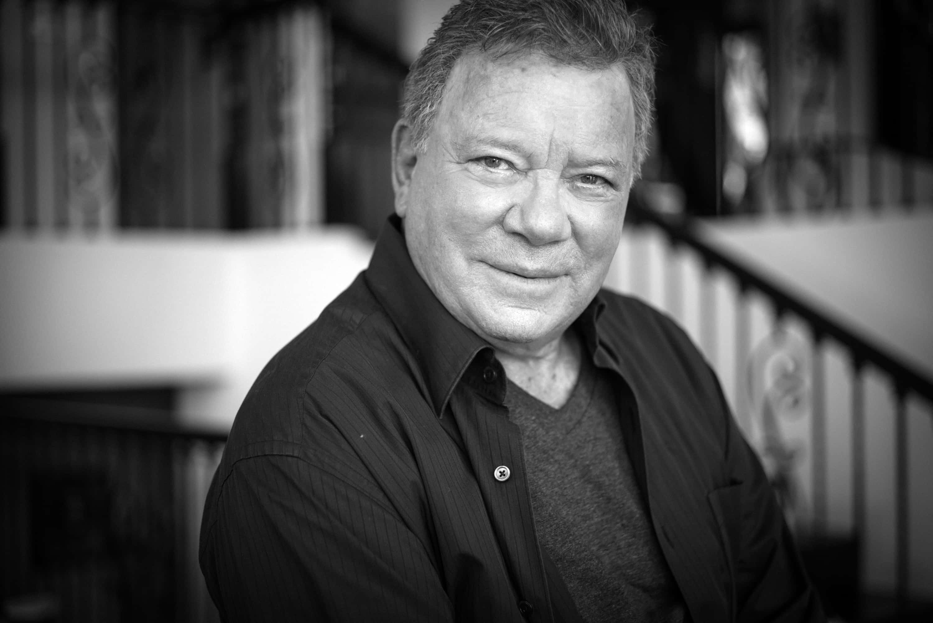 William Shatner, black and white portrait, collared shirt, 2K Desktop Wallpaper