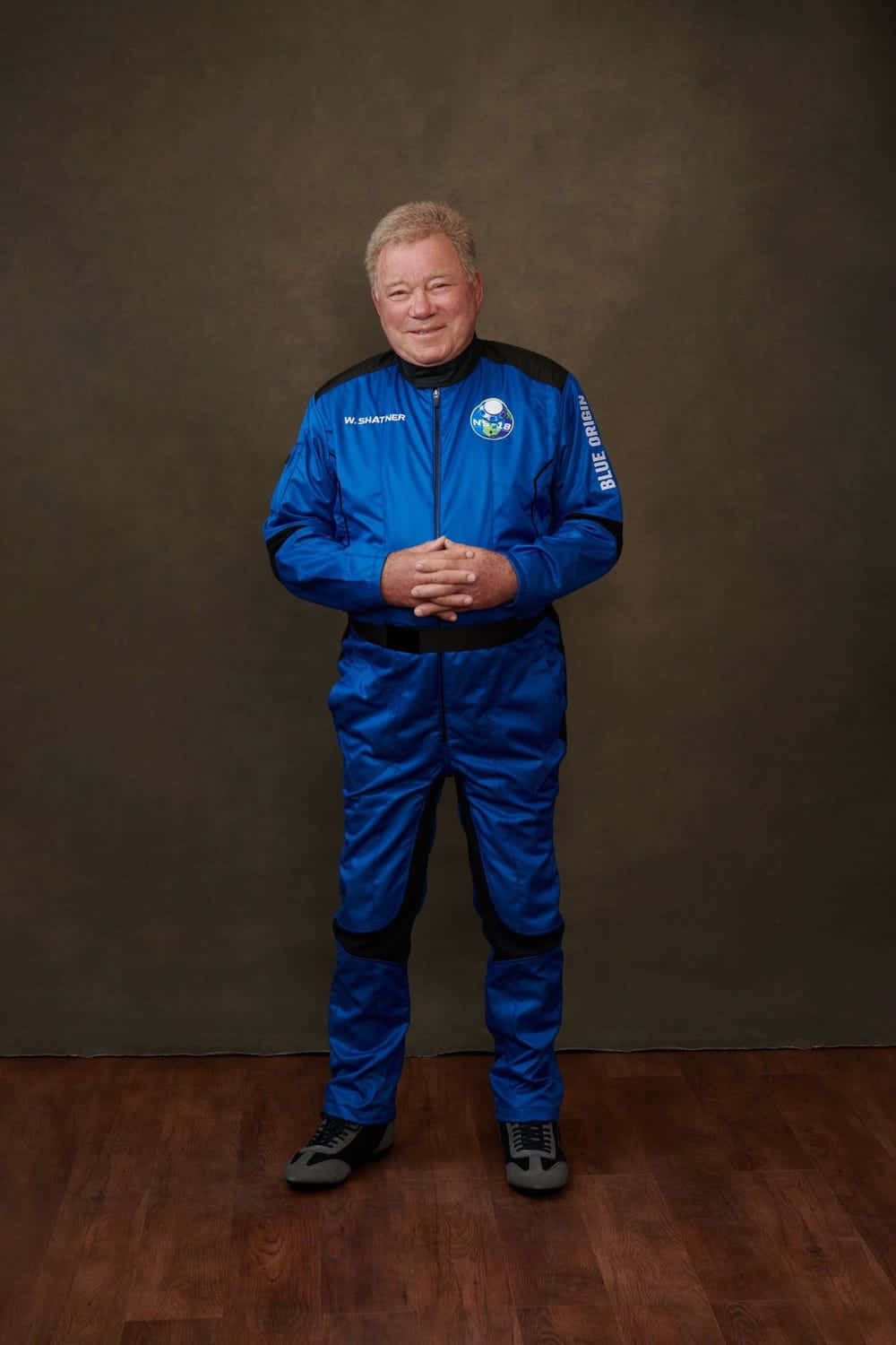 William Shatner, blue astronaut suit, dark studio backdrop, HD Phone Wallpaper